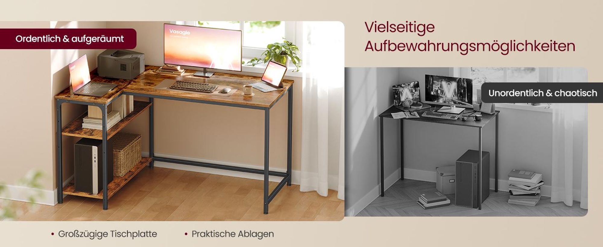 VASAGLE Schreibtisch mit Stauraum, L-Form Computertisch, höhenverstellbare Ablage, Büro, 120 x 80 cm, braun