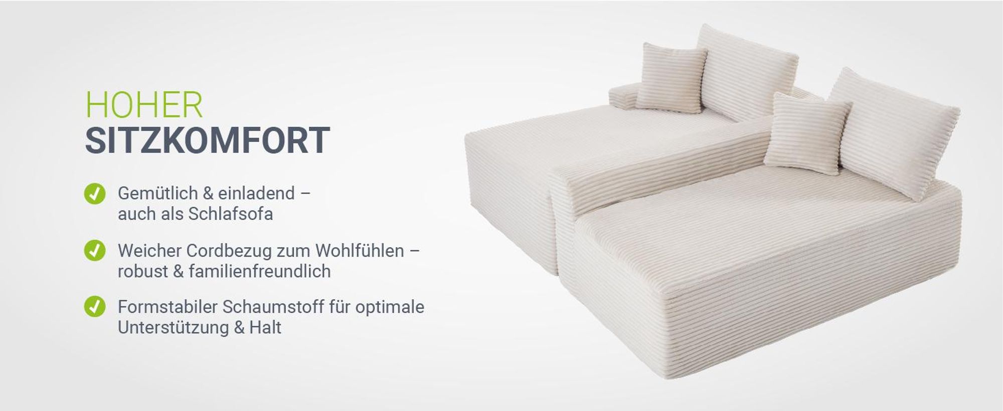 Juskys Sofa Coredo - Beige, moderne Couch aus Cord mit Kissen, Ottomane links