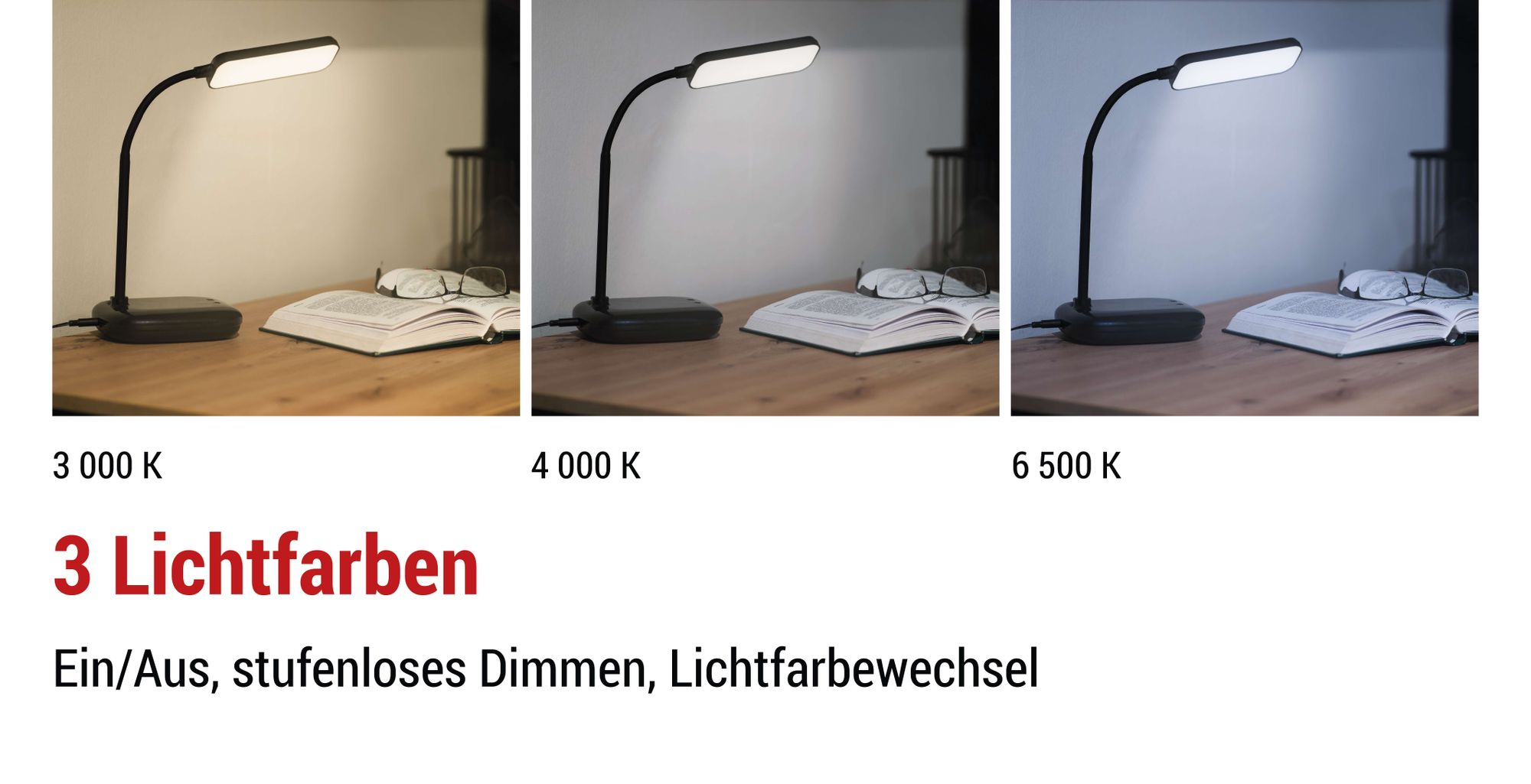 EMOS LED Tischlampe MOLLY 12W, Helligkeit 650lm, dimmbar, einstellbare Lichtfarbe, flexibler Lampenarm, 1,5m Ladekabel + Netzadapter, schwarz, Z7638B