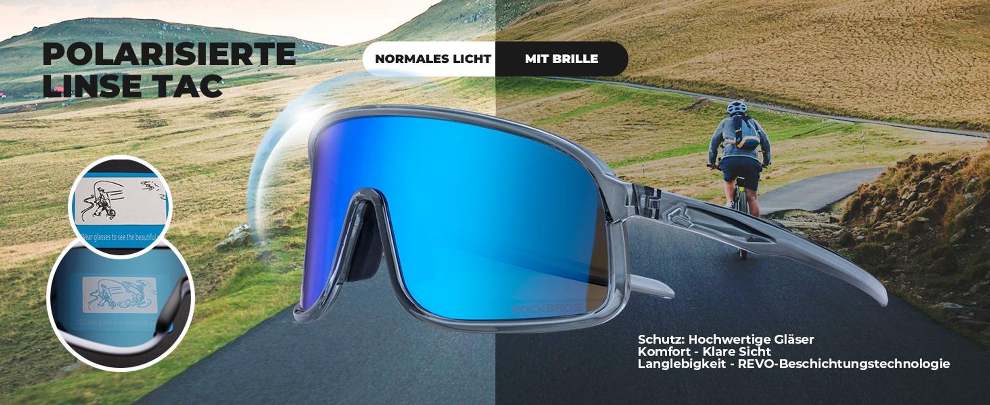 ROCKBROS Fahrradbrille Polarisiert Outdoor Cycling Glasses MTB Rennrad Sportbrille Für Damen Und Herren Hell Dunkelgrau AR Lila