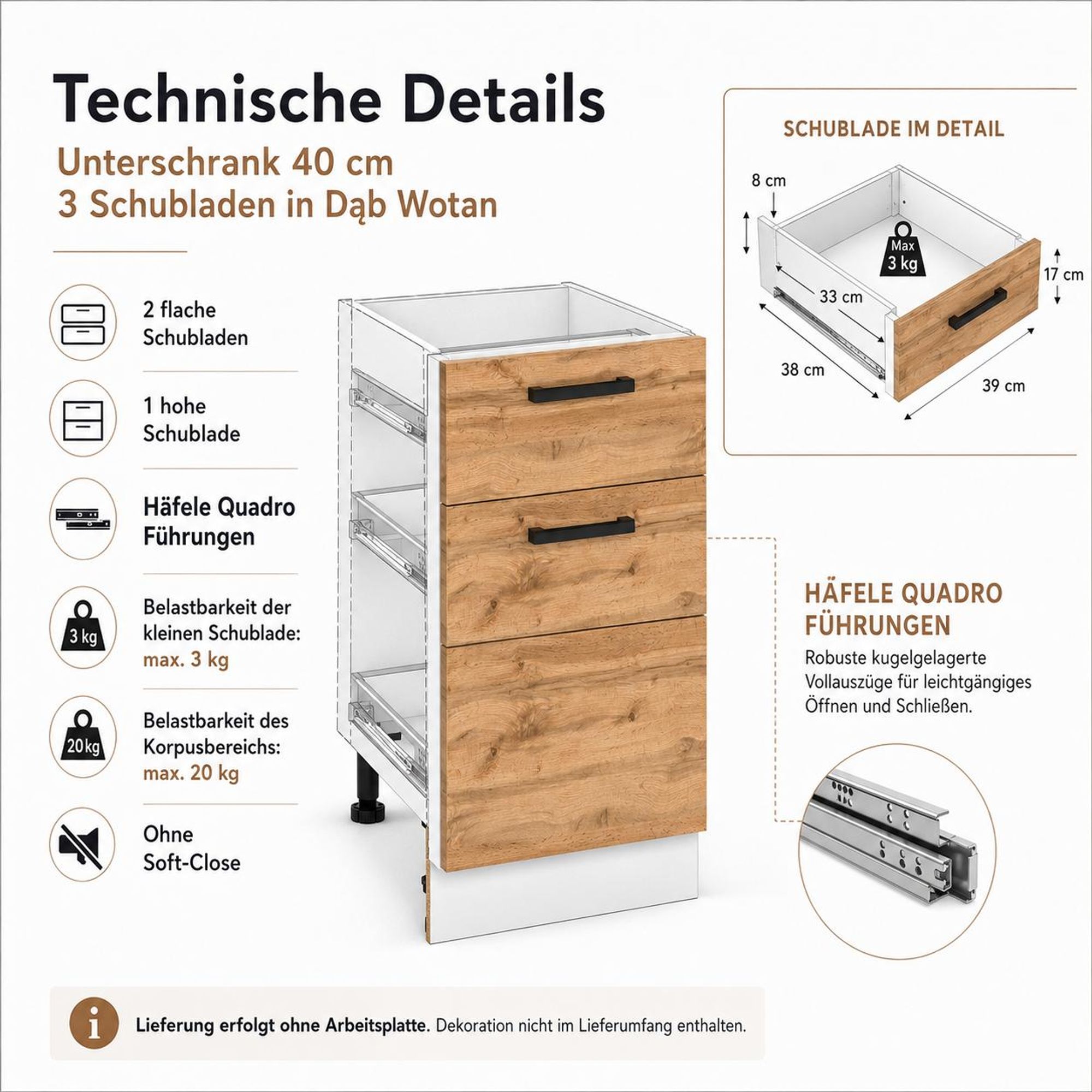Küchenunterschrank Eiche Wotan: Technische Details, Belastbarkeit & Quadro-Führungen.