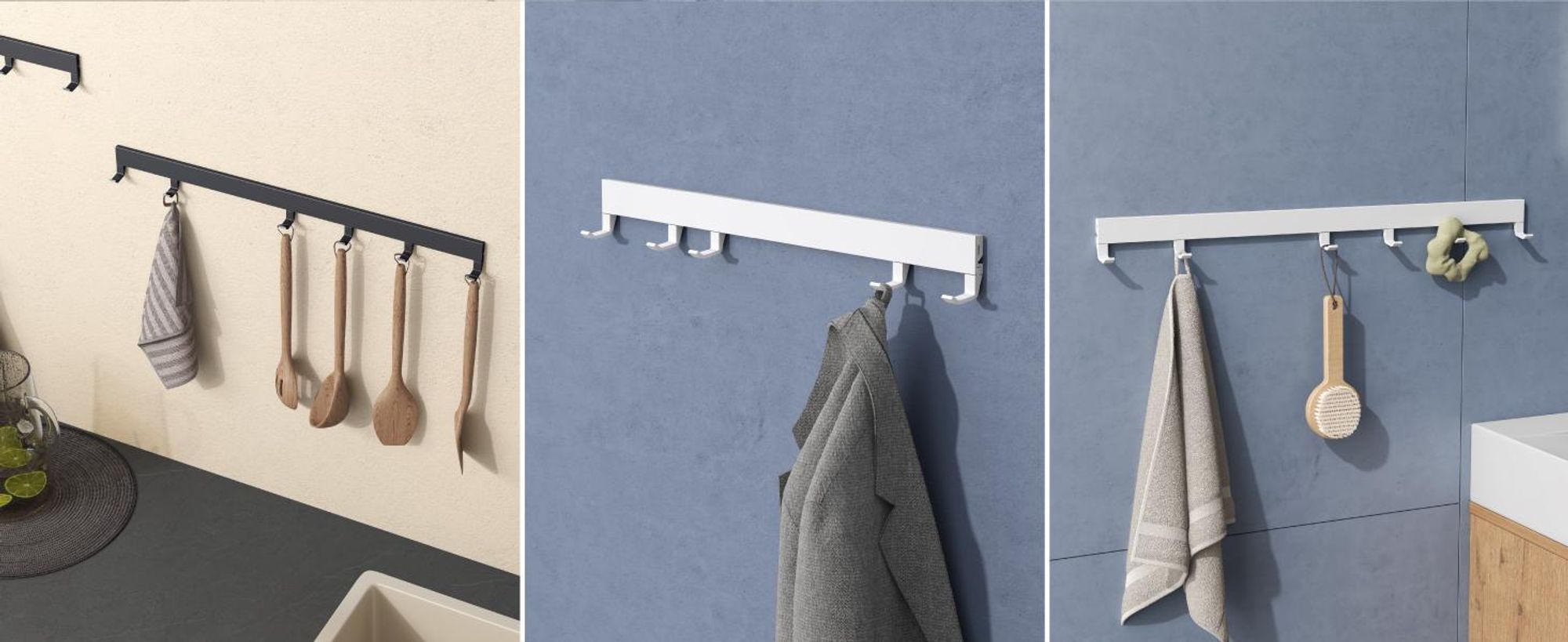 doporro Wandgarderobe aus Aluminium mit verschiebbaren Garderobenhaken, Garderobenleiste mit Kleiderhaken für Flur, Bad, 40 cm, Matt Schwarz, Stalo10