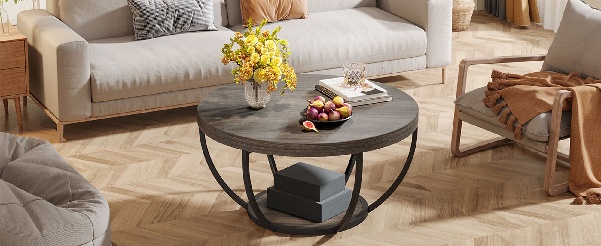 Tribesigns Runde Couchtisch, Industrial 2-Tier-Kreis Couchtisch mit Lagerung Regale, Moderne hölzerne Akzent Mitte Tisch Sofa Beistelltisch