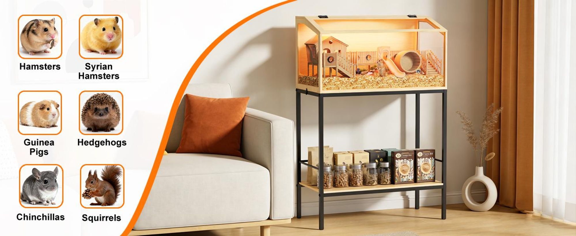 WISFOR Hamsterkäfig mit Regal und LED Leuchte, Kleintierhaus aus Holz, Mäusekäfig mit klappbarem Deckel, Sichtfenster, 80x39.6x116cm