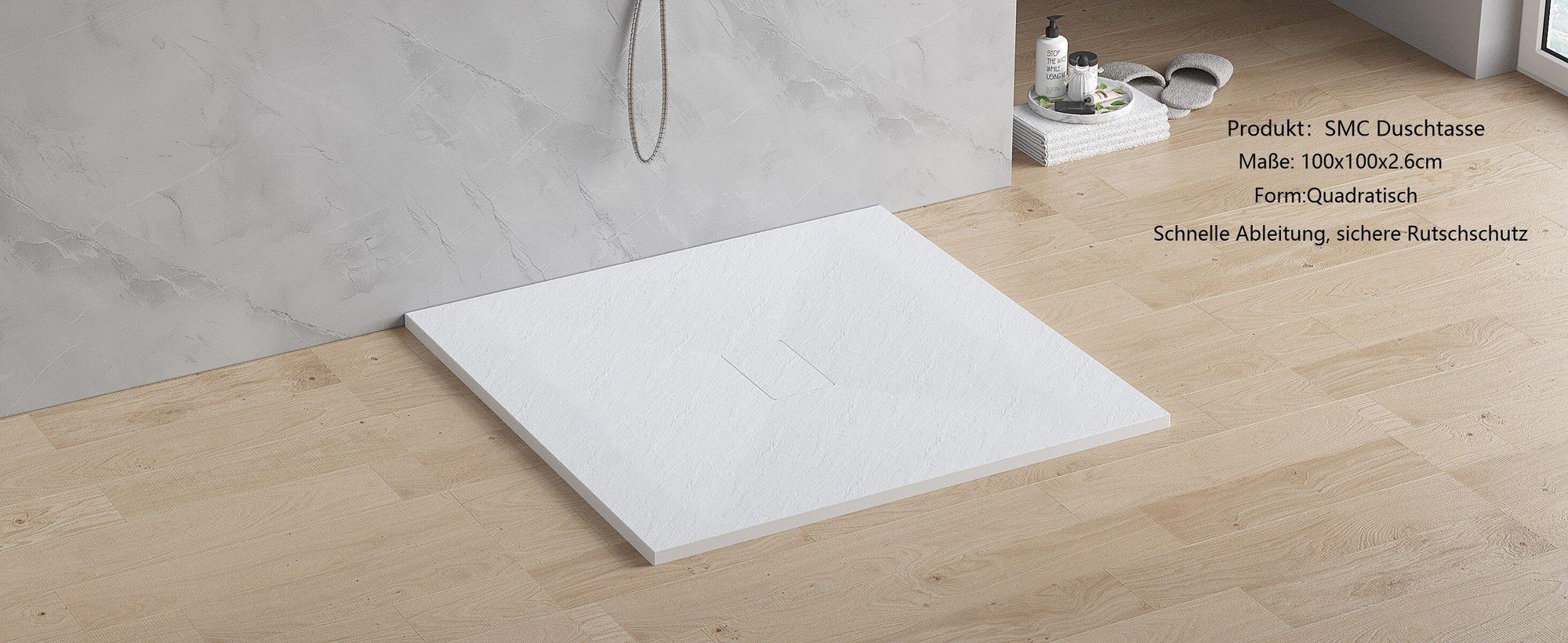 AQUABATOS Duschwanne 100x100 cm – weiße rutschfeste Duschtasse, 2,6 cm hoch, SMC-Glasfaser mit Steinoptik, zuschneidbares Design