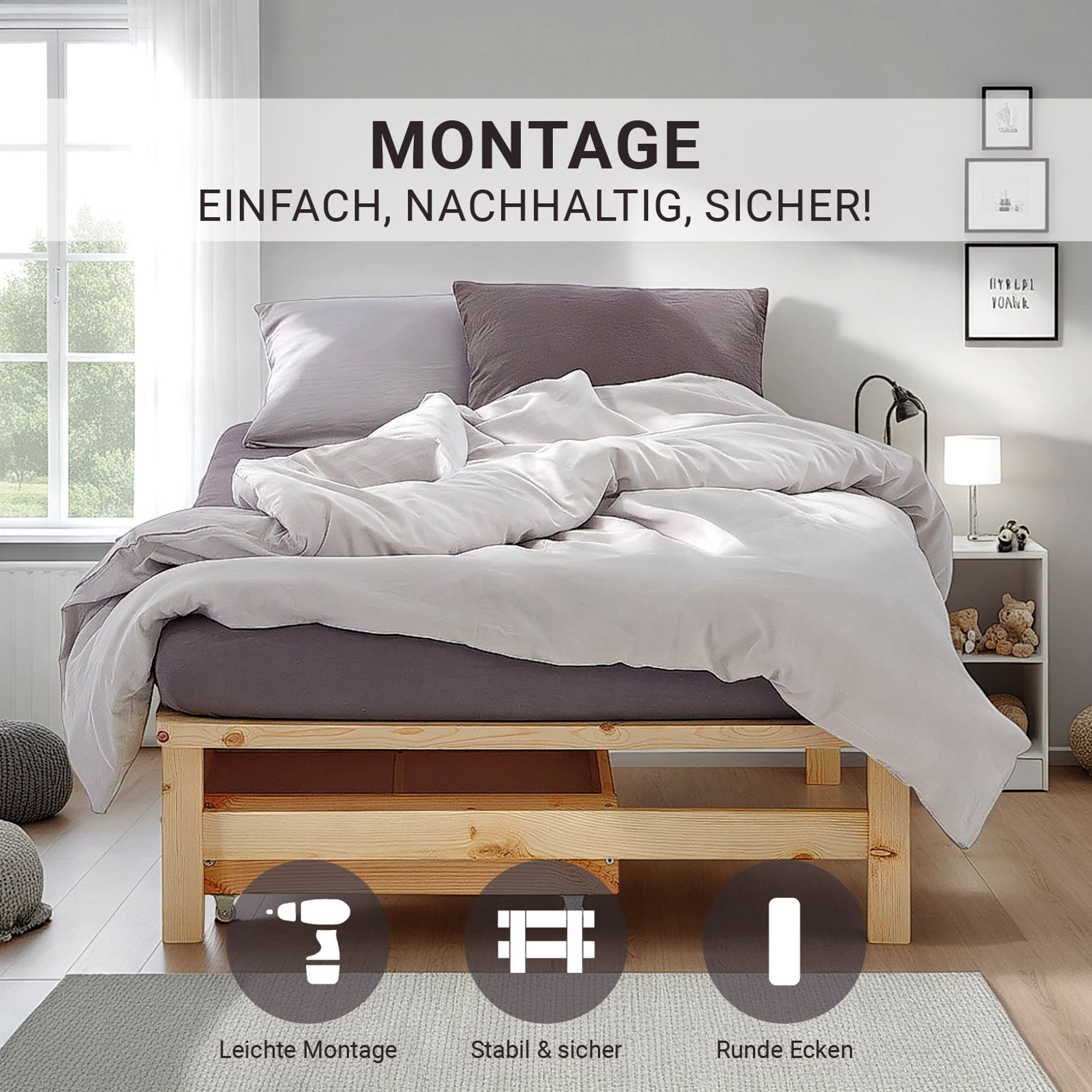 Holzbett einfach in der Montage, stabil und sicher
