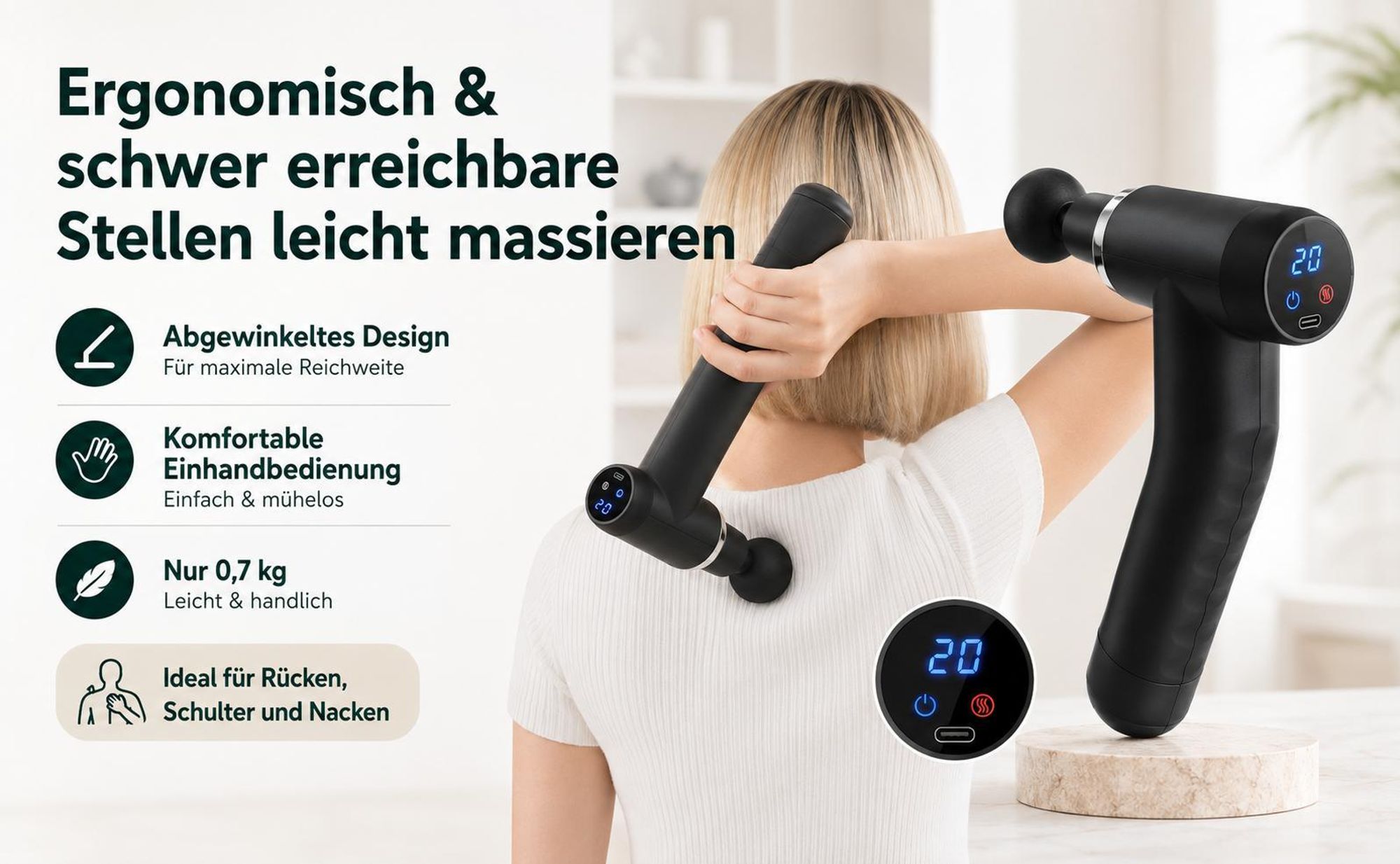 Massagepistole mit Wärme und Kältefunktion, Massage Gun für Tiefengewebe, 20 Stufen,LCD-Touchscreen,7 Massageköpfe für Nacken Rücken Muskelentspannung