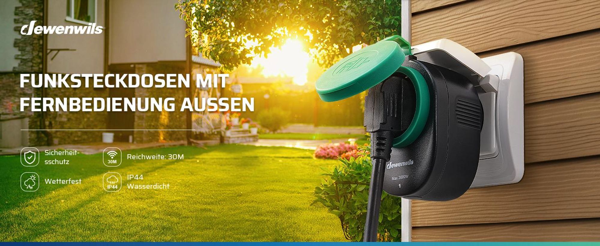 DEWENWILS Funksteckdose mit Fernbedienung, Außensteckdose IP44, Schwarz, 3680W
