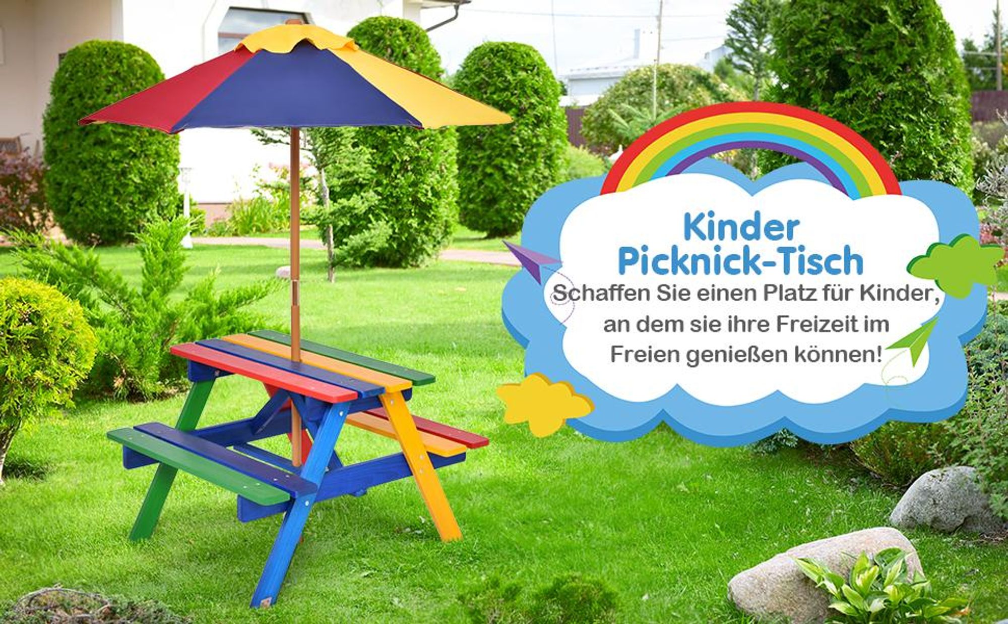 COSTWAY Kindersitzgruppe mit Sonnenschirm, Kindersitzgarnitur aus Massivholz, Kinder Picknicktisch, Sitzgruppe Outdoor, Sitzgarnitur, Gartenmöbel