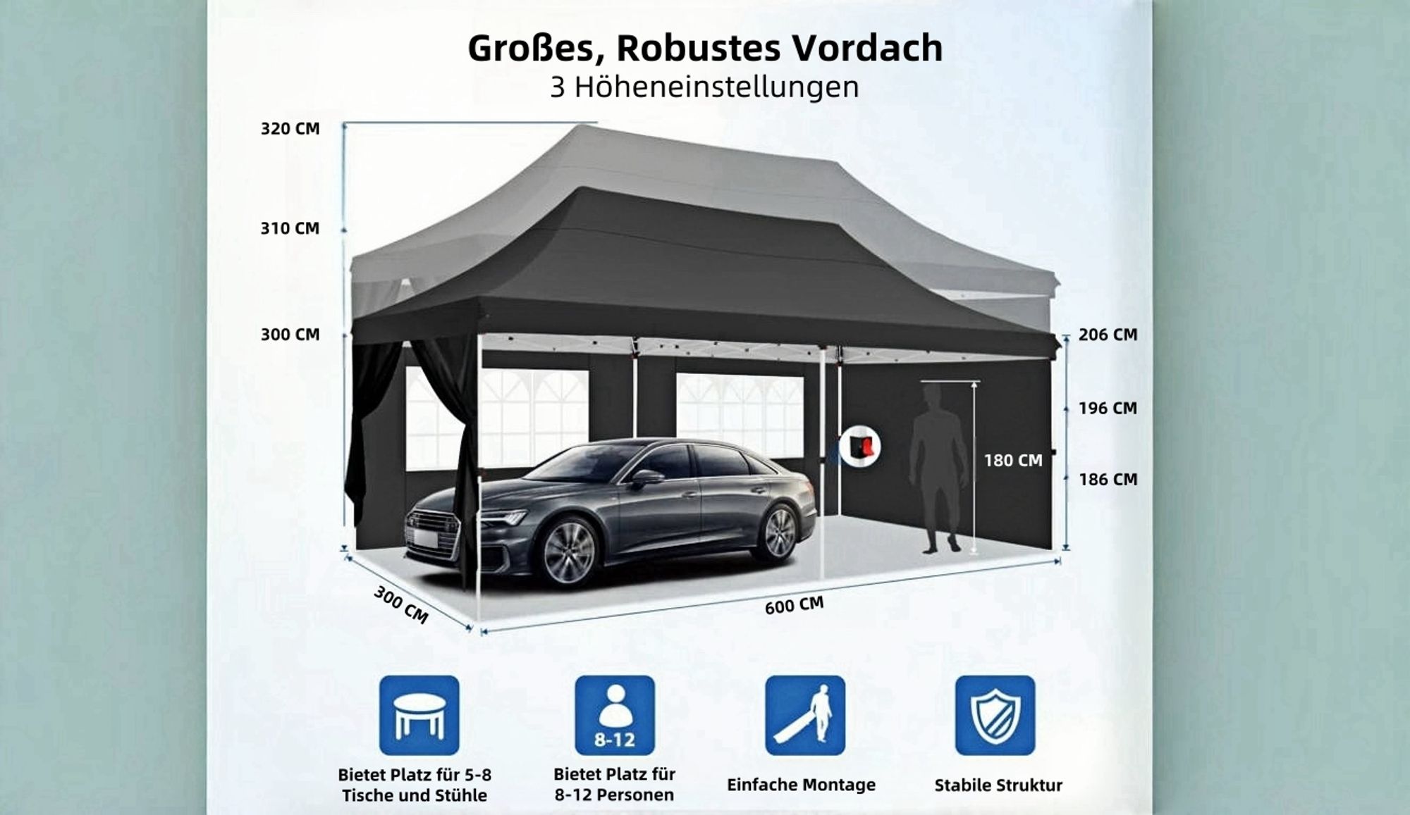 Pavillon 3x6m, Festzelt Faltpavillon Gartenzelt Wasserdicht, UV-Schutz, mit 4 Seitenteilen und 2 Eingängen, 12 Heringe & 4 Seile & 1 Tragetasche, für Garten Terrasse Feier Party, Grau