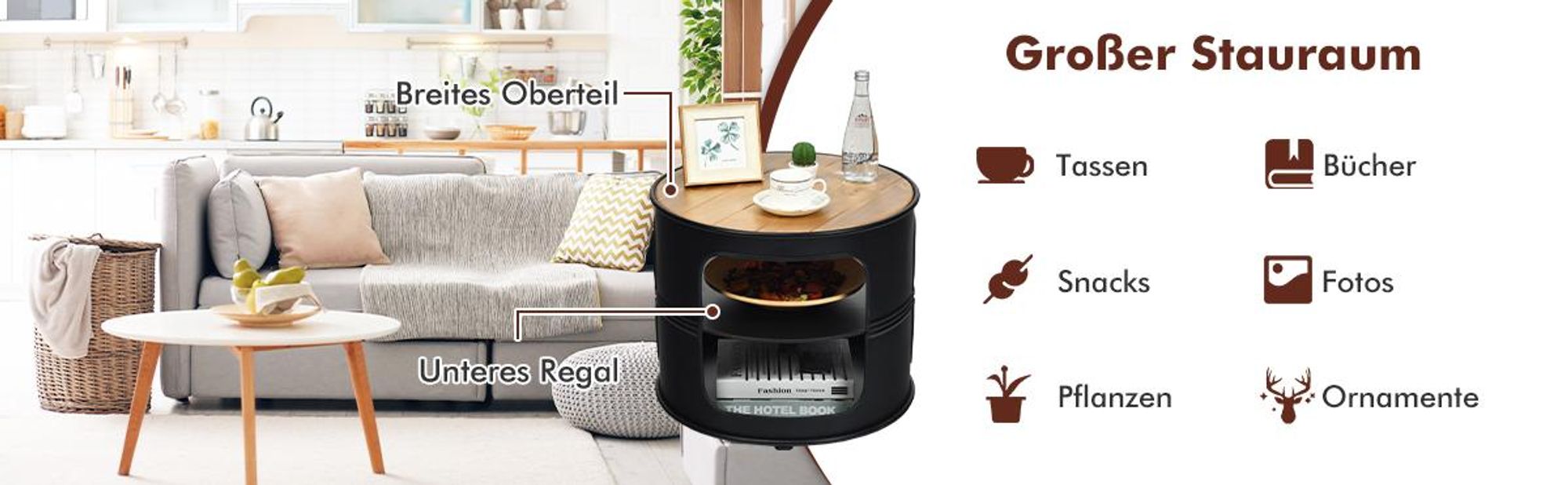 COSTWAY Industrie Beistelltisch aus Holz und Metall, 3 Ebenen Sofatisch, Kaffeetisch bis 50kg belastbar, Telefontisch rund, Nachttisch 50x50x41,5cm