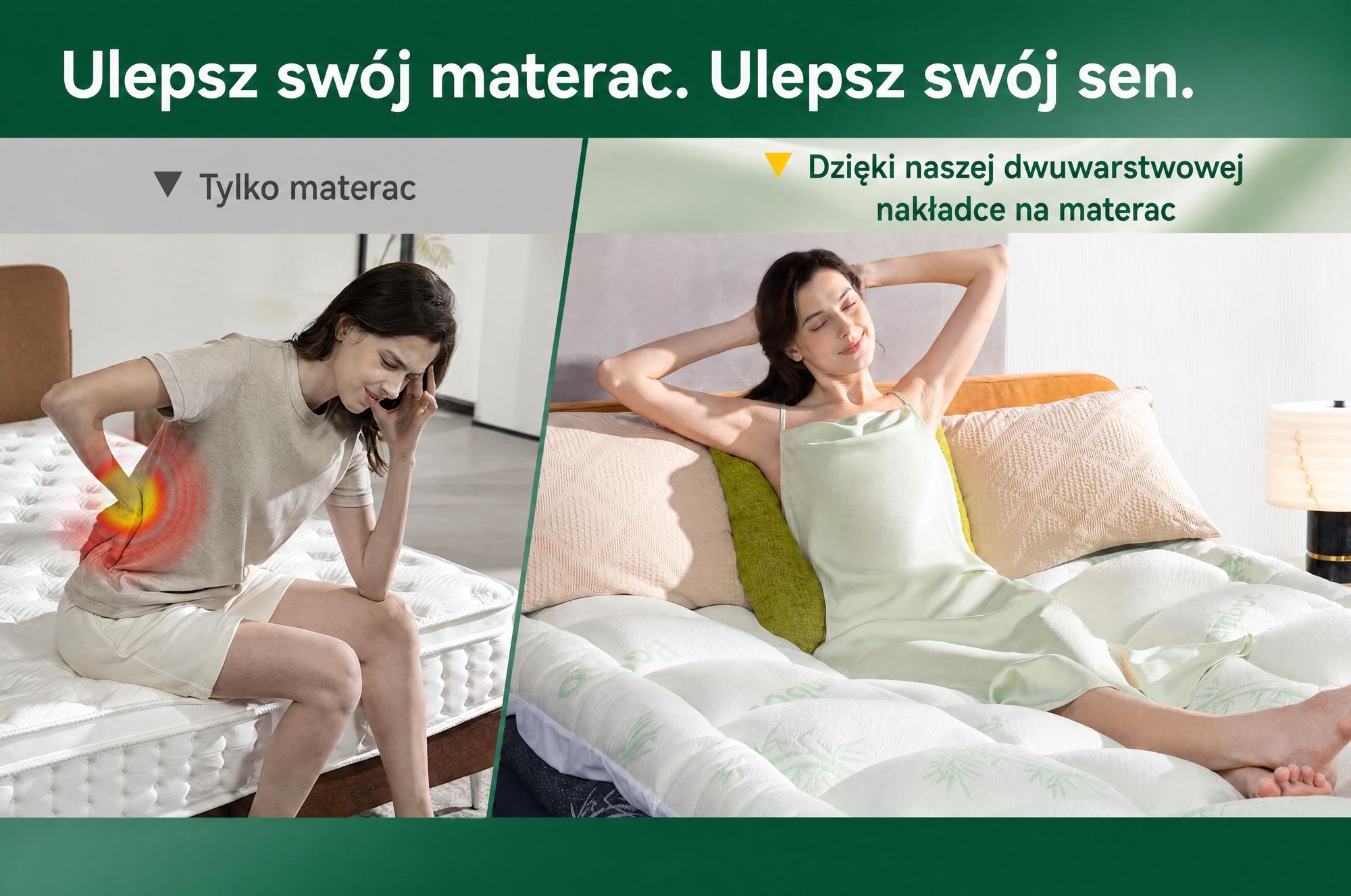 NicePlus, materac kieszeniowy 2 w 1, 90x200x7 cm, pianka termoelastyczna z podkładką z bambusa, z gumkami narożnymi pasującymi do wszystkich materacy, twardość H2/H3, kolor zielony