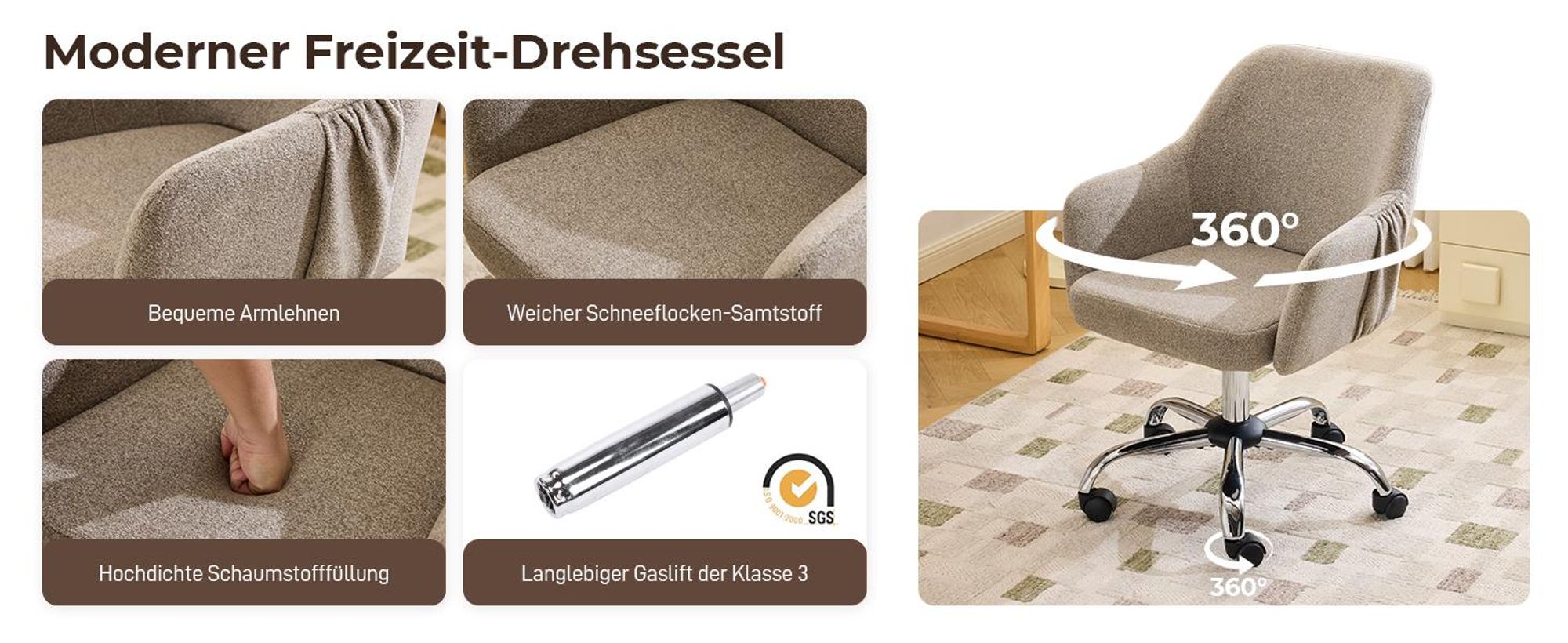 Schreibtischstuhl mit Armlehnen, Drehstuhl mit Rollen, Polsterstuhl,Hellbraun