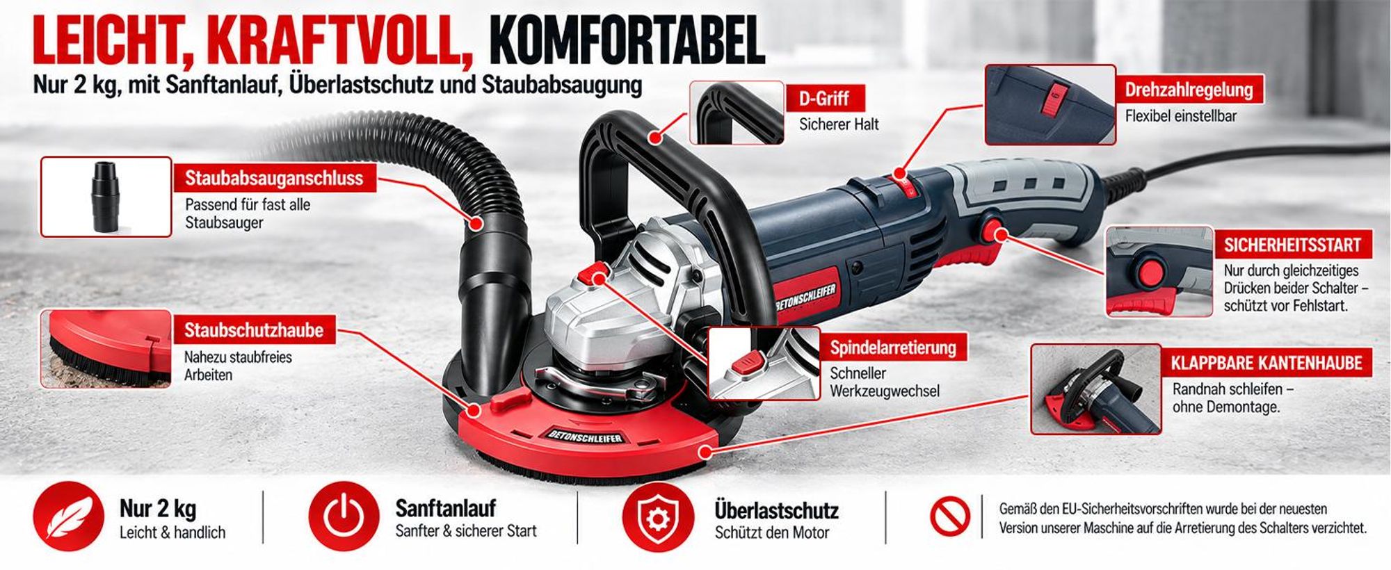 9000U/min 2100W Betonschleifer mit Ø125mm Diamantschleiftopf Trennscheibe Schutzhaube, Betonfräse Sanierungsfräse Winkelschleifer Putzfräse Mauerfräse