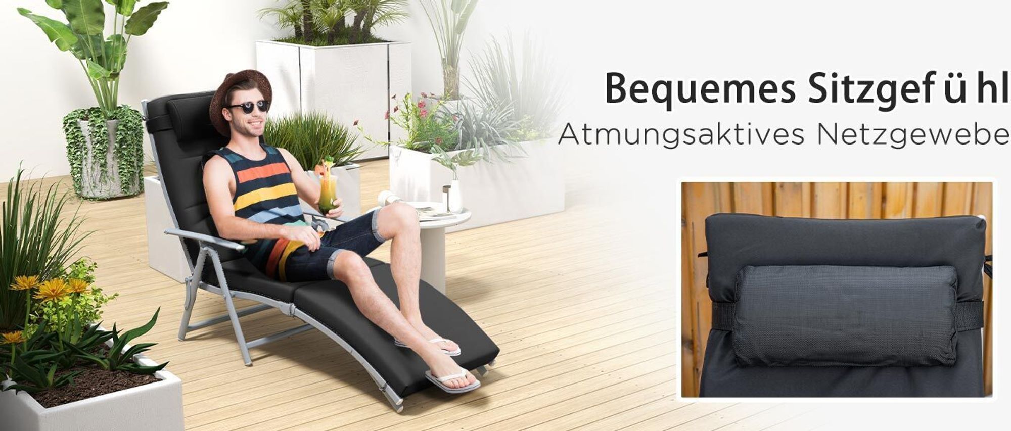 Outsunny Sonnenliege Strandliege Gartenliege Klappbar Verstellbar Metall Schwarz