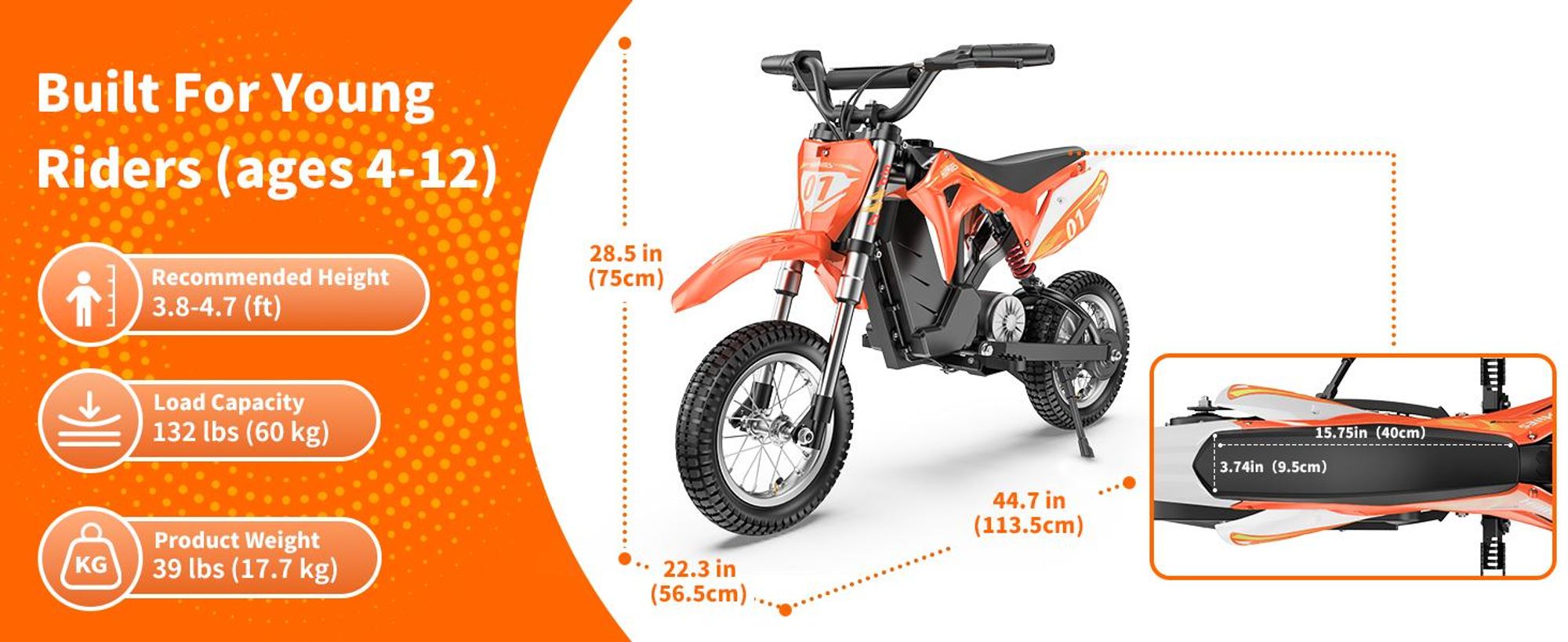 HillMiles Elektro Motorrad Kinder von 4-12 Jahren mit 36V 4Ah Akku, 20 km Reichweite, Doppelfederung, 3-Gang-Elektromotorrad, MileRocket 1
