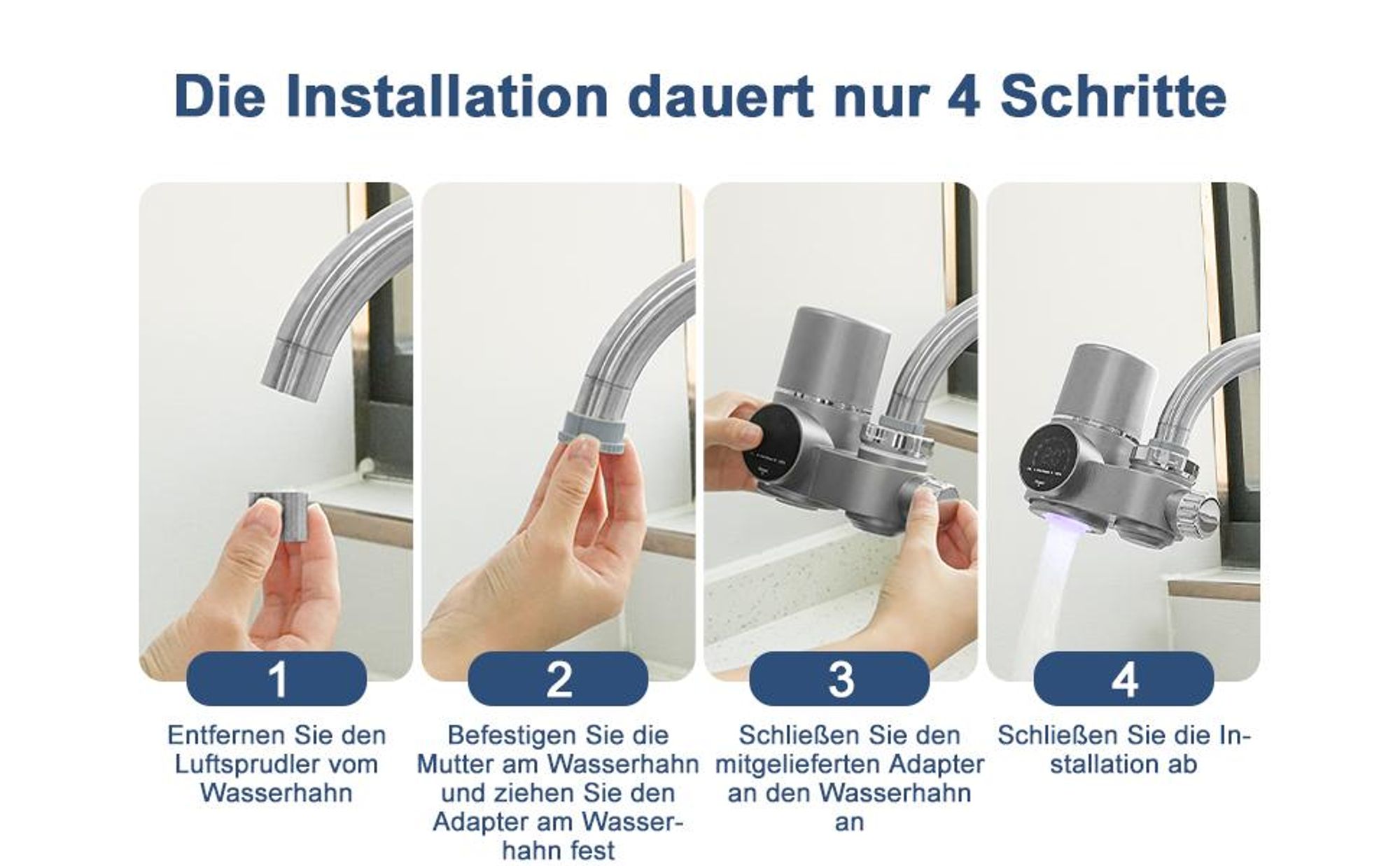 Wasserfilter für Wasserhahn, Edelstahl Leitungswasserfilter, UV-Sterilisation, LED-Display, Entfernt Chlor, Schwermetalle, Schlechten, Mikroplastik