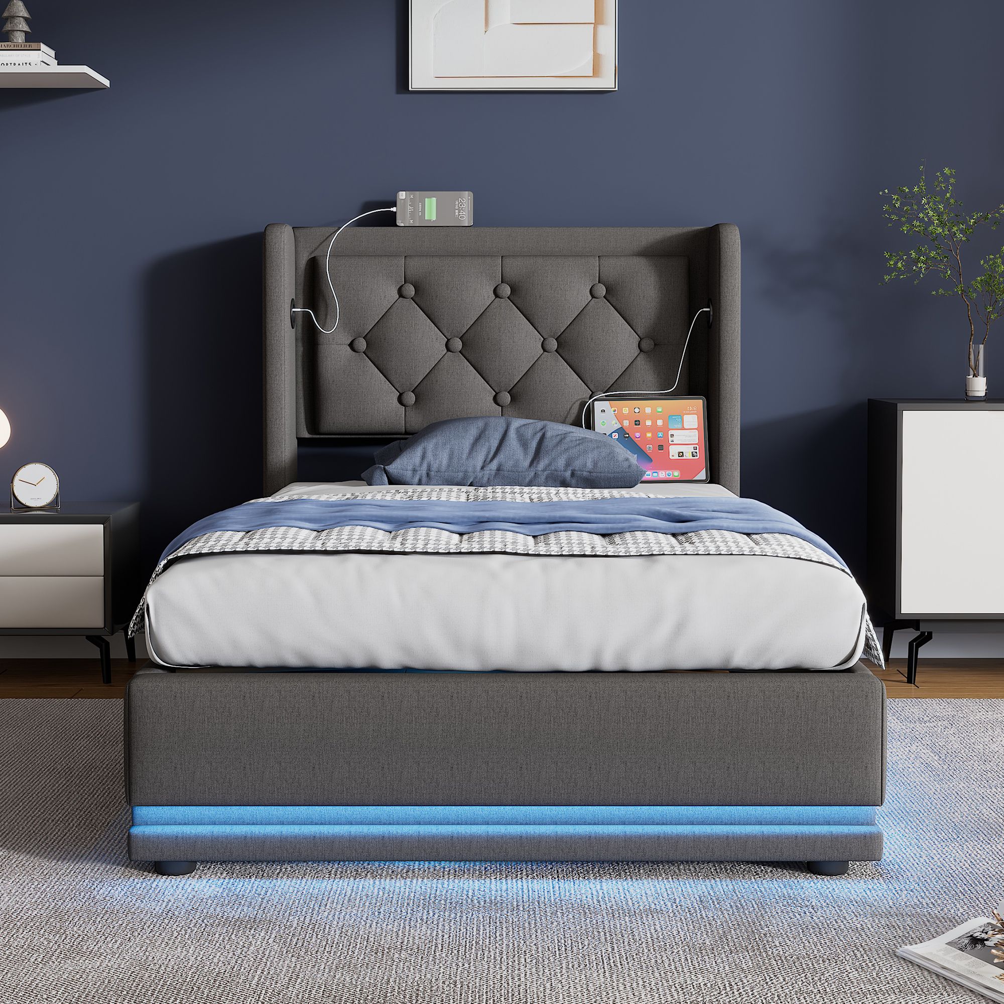 Flieks Polsterbett 90x200cm mit USB & Typ-C, Einzelbett Jugendbett mit LED, Hydraulisches Stauraumbett Boxspringbett mit Lattenrost, Baumwolle, Grau