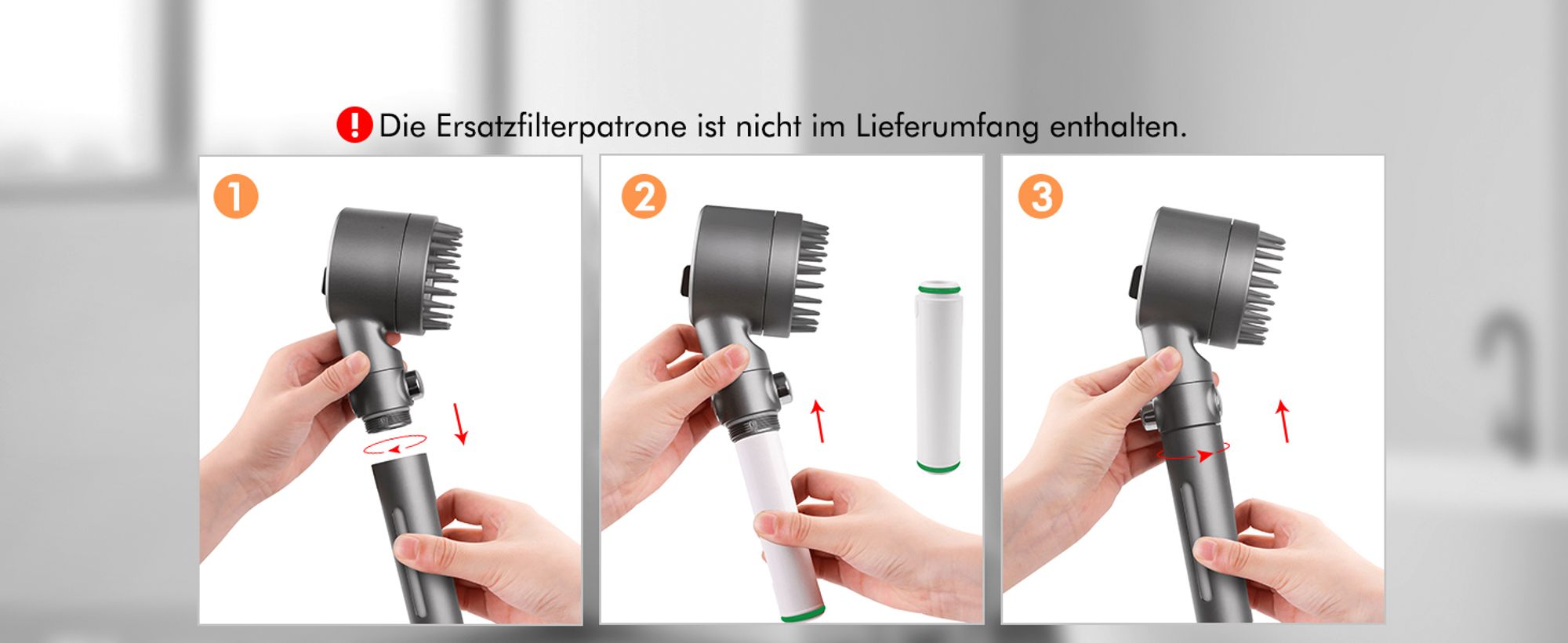 Duschkopf mit Filter, Hochdruck-Handbrause mit 15 Filterschichten,  3 Strahlarten zur Entfernung von hartem Wasser, Restchlor, Bakterien
