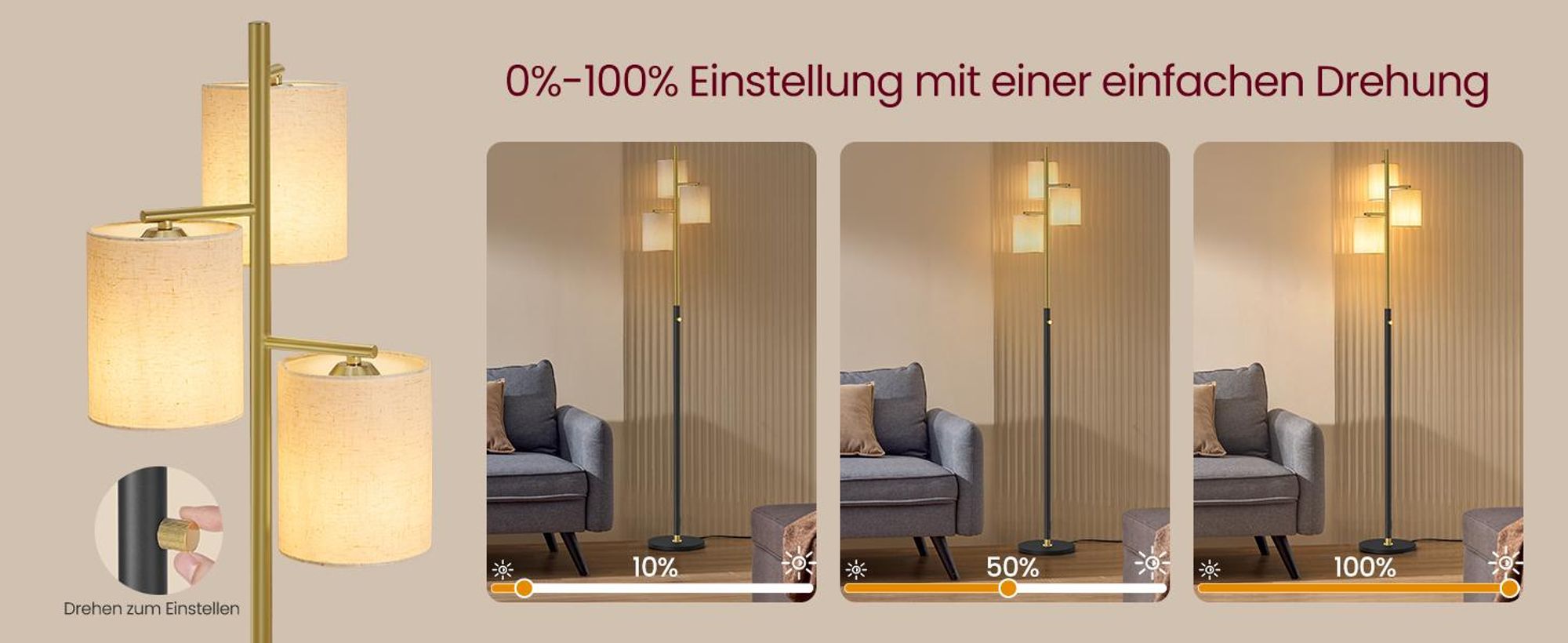 VASAGLE Stehleuchte, Standleuchte, Stehlampe mit 3 Glühbirnen, verstellbare Helligkeit, modern, Lampenschirm aus Stoff