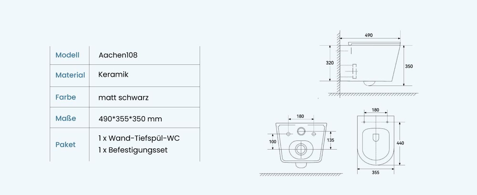 doporro Wand WC Design WC schwarz matt inkl. Softclose Absenkautomatik 49x35,5x35 cm Hänge-Toilette Weiß spülrandlos Hänge-WC aus Keramik Aachen108