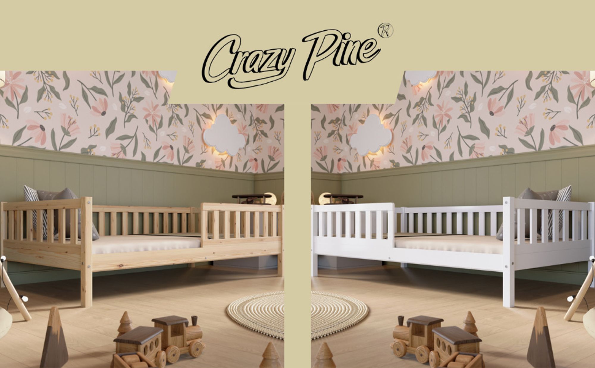 Crazy Pine Kinderbett 120x200 cm – Hohes Montessori Bodenbett aus Holz in Weiß mit Rausfallschutz – Crazy Basic