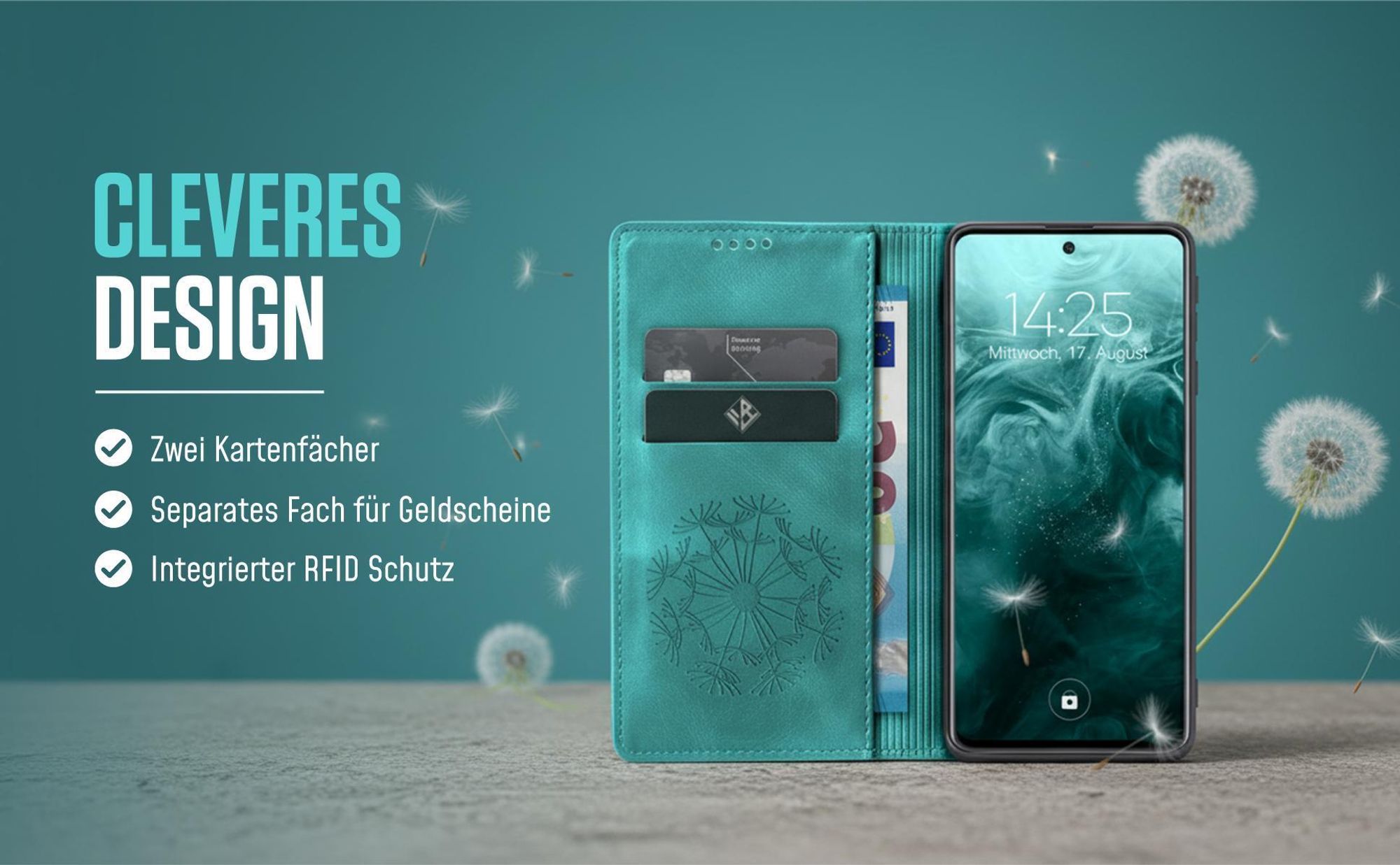 Handyhülle in Türkis für Samsung Galaxy S25 mit Kartenfächern und RFID Schutzschicht