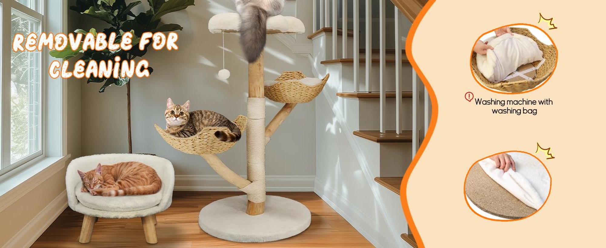 FATIVO Kratzbaum Modern Katzenbaum Holz-111cm Luxus Katzenkratzbaum mit 2 Weidenkorb Sisalstamm Sitzplattform Plüschbal für mehr Katzen