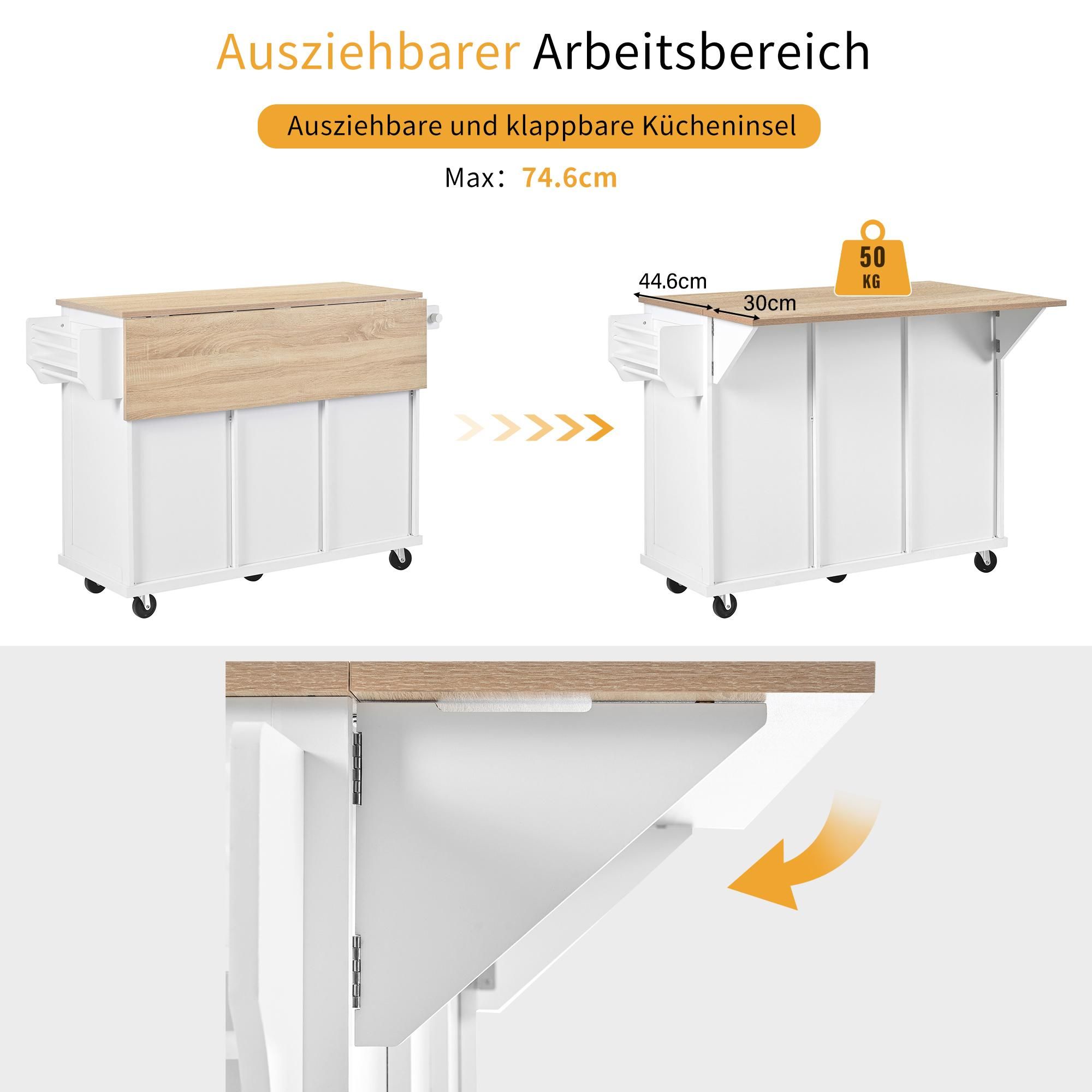 Merax Kücheninsel Servierwagen mit Erweiterbarer Arbeitsplatte, Schubladen und Tür, Küchenwagen auf Rollen, Mobil Küchenschrank, Weiß