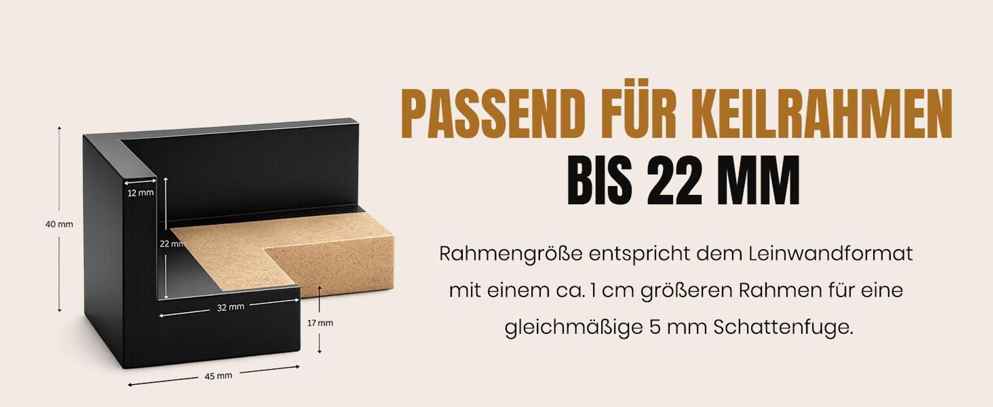 Monframe Schattenfugenrahmen für Leinwandbilder & Canvas 30x40 cm - Schwarz glanz - für Keilrahmen bis 22 mm Stärke - ohne Glas und Rückwand