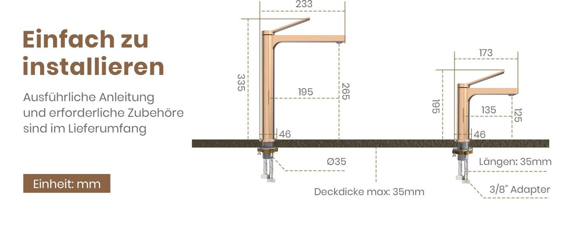 EMKE Wasserhahn Bad Roségold 195x173x46mm, Messing, Keramikkartusche, Badarmatur, Mischbatterie Waschbecken-Armatur, Waschtischarmatur
