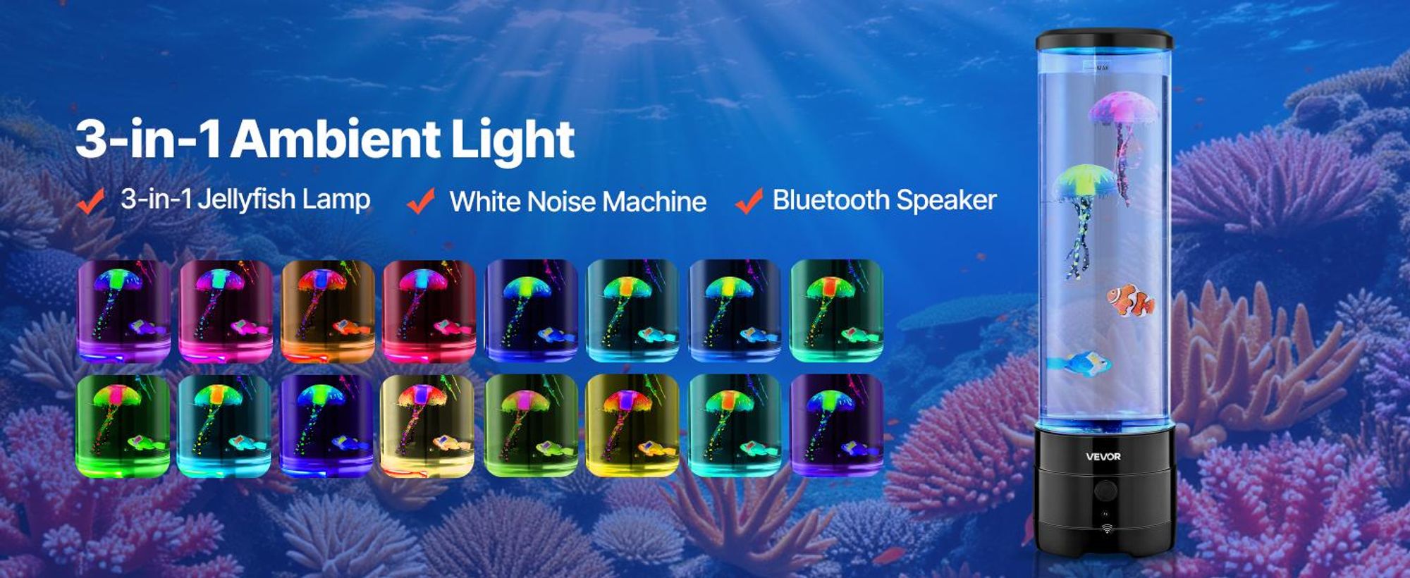 VEVOR Lavalampe 382 mm schwimmende Quallen-Blasenlichtlampe, 16 Farbwechsel-Lichteffekte, Bluetooth-Lautsprecher, Stimmungslampe, Aquarium Nachtlicht für Schlafzimmer, Wohnzimmer, Heimdekoration