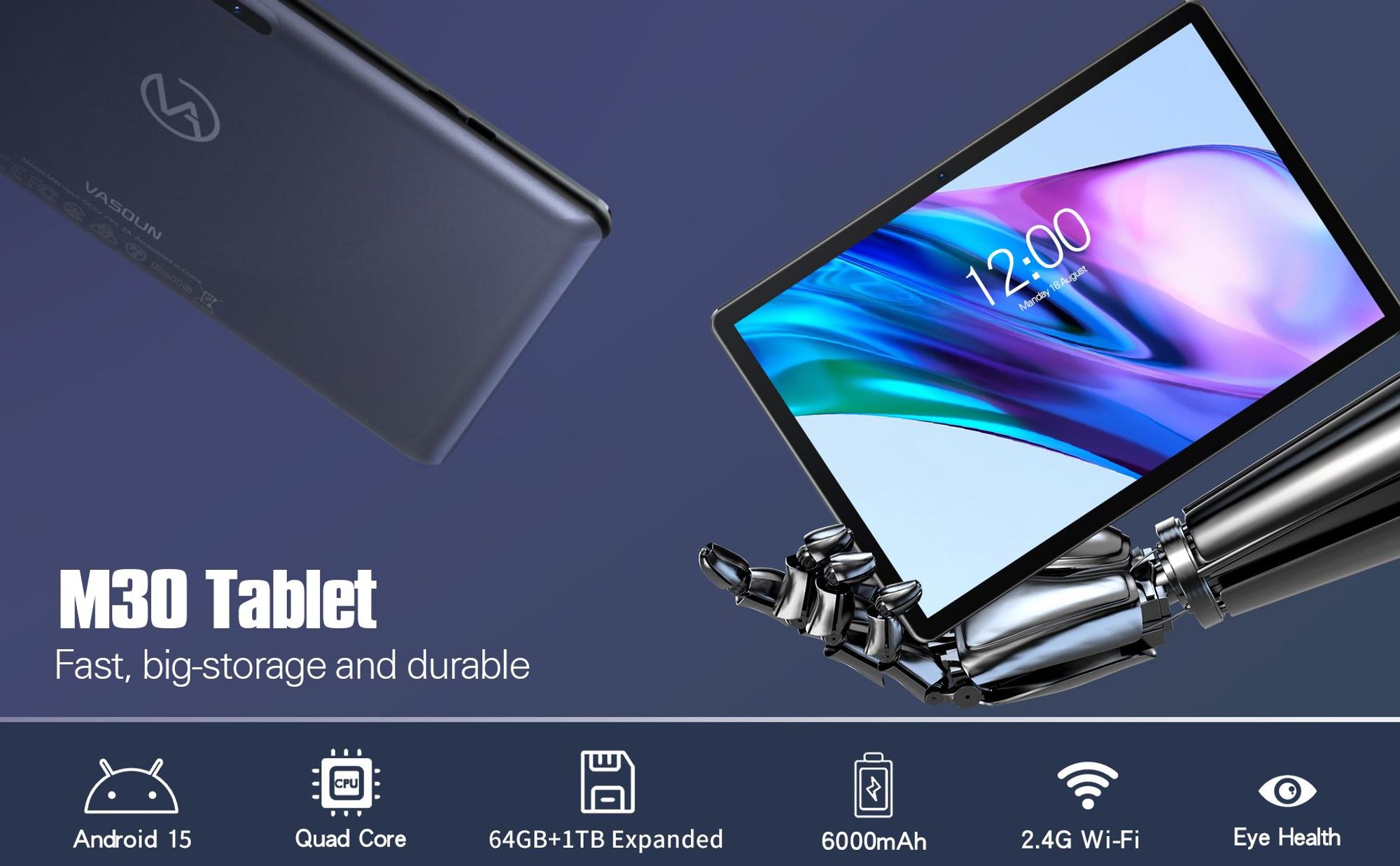 VASOUN Tablet 10 Zoll Android 15 Tablet mit 3GB RAM 64GB ROM, 6000 mAh Akku, 1,8GHz Prozessor, Bluetooth, Wi-Fi, Type-C für Study Gaming Entertainment