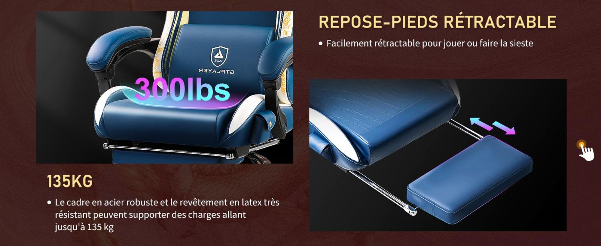 GTPLAYER Chaise de jeu Chaise de jeu avec haut-parleurs Bluetooth et repose-pieds, Dragon Series chaise de bureau, fauteuil pivotant ergonomique, chaise d'ordinateur bleu