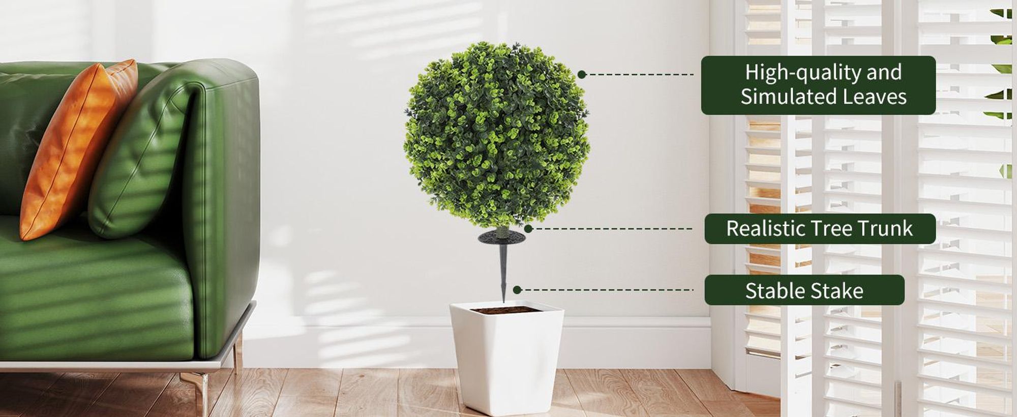 HOMCOM Zestaw 2 sztucznych kul bukszpanowych, sztuczna roślina 40 cm z kolcem do wbijania w ziemię, sztuczne rośliny, plastik imitujący prawdziwą dekorację z ochroną UV do salonu, sypialni, biura, ogrodu