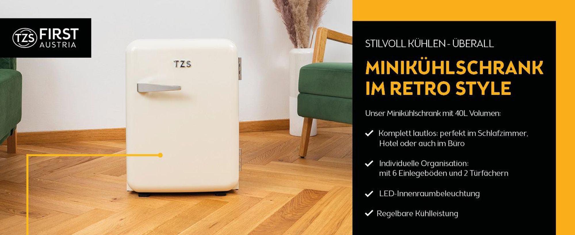 TZS First Austria - Retro Mini Kühlschrank 40L lautlos - Minibar im Vintage-Design mit Innenbeleuchtung & 2 Türfächern - Cremefarben