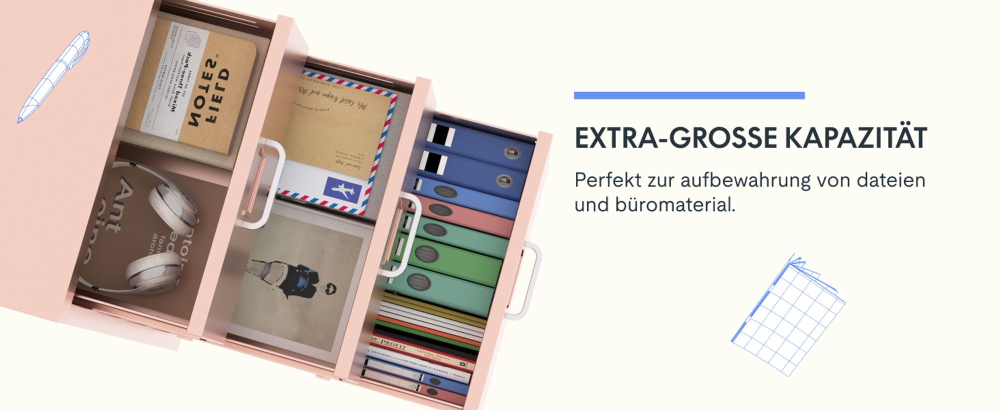 FLEXISPOT Rollcontainer Büroschrank mit 3 Schubladen, Aktenschrank Metallschrank Kommode mit Rädern, Unterschrank für Zuhause und Büro (Rosa)