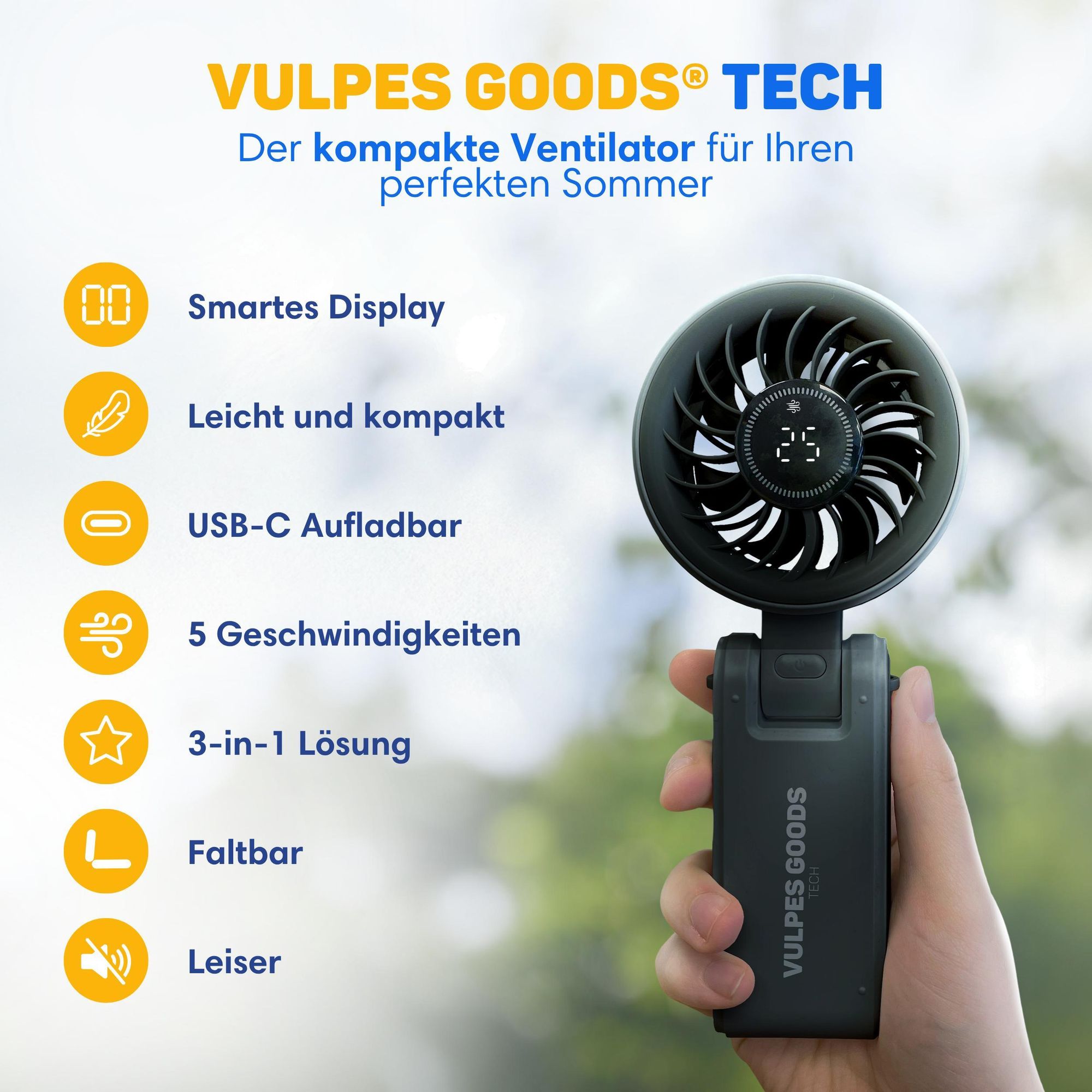 Vulpes Goods Handventilator PRO 3-in-1, wiederaufladbar & tragbar, kabelloser Mini-USB-Ventilator, leistungsstarker Motor, faltbares Design