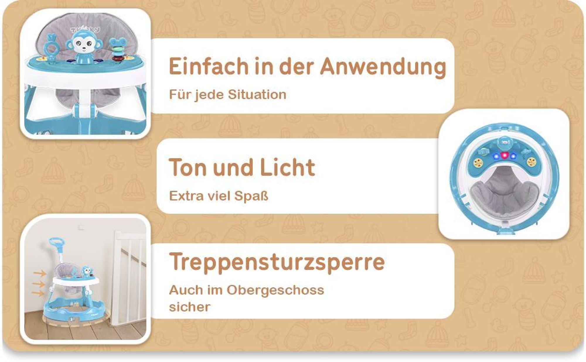 Twinky® Lauflernhilfe in Blau | Lauflernwagen mit Spielset und Zubehör für sicheres und spielerisches Lernen | inkl. Fußmatte und Haltegriff