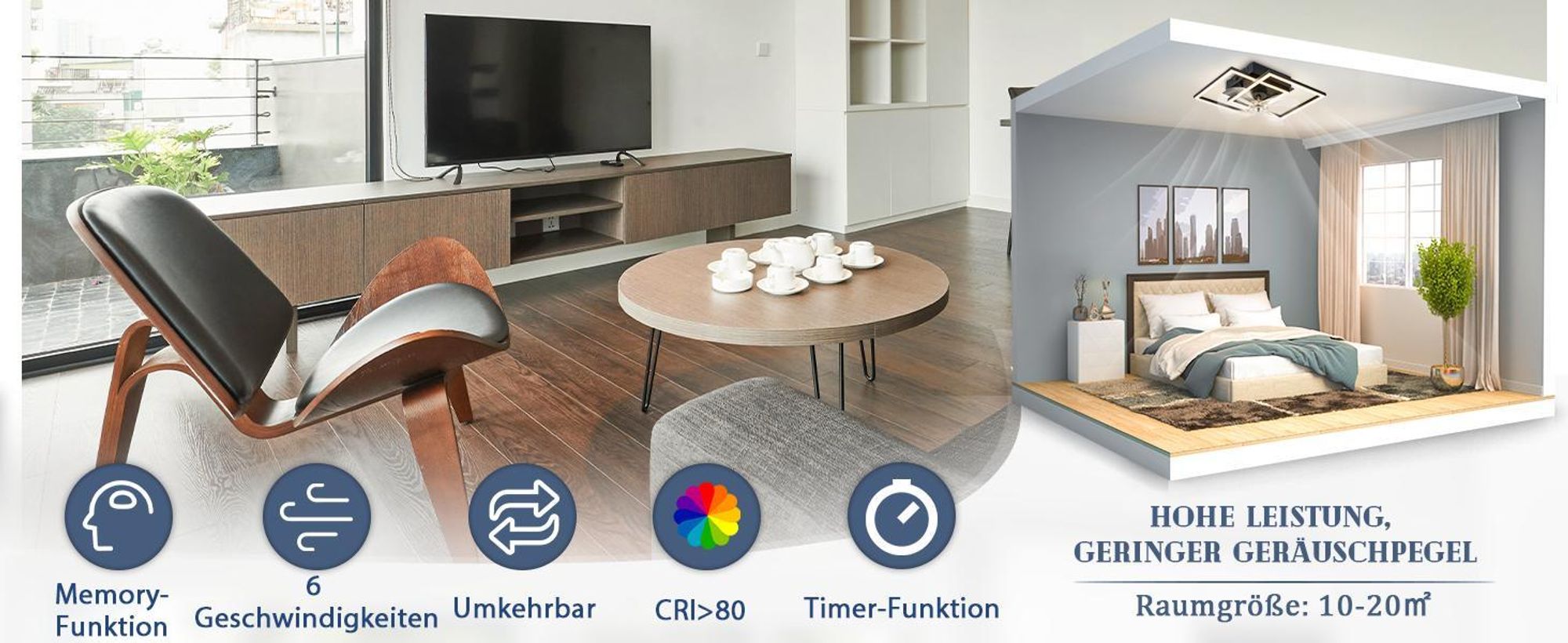 ZMH LED Deckenventilator Mit Beleuchtung Leise Deckenlampe Ventilator Fernbedienung Dimmbar 6 Gang DC Motor Timer Deckenventilatoren für Schlafzimmer
