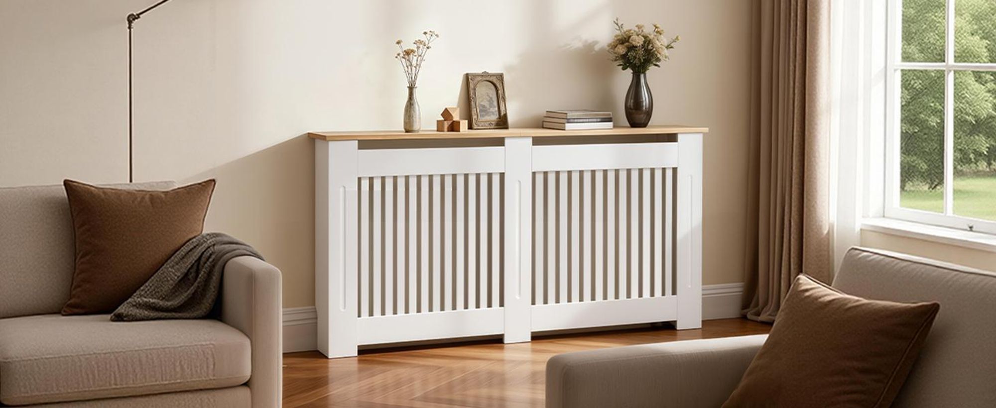 FATIVO Copritermosifone 152x20x83 cm – copritermo bianco effetto legno, in MDF spesso, con lamelle verticali