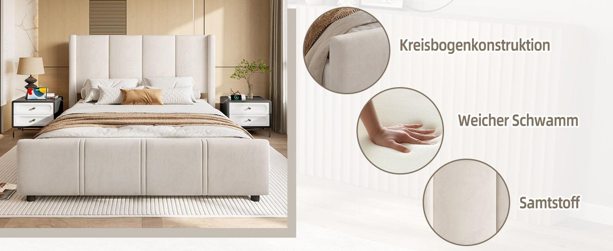 LVHOM Polsterbett 140x200cm mit USB und hohen Kopfteil, Mid Century Doppelbett mit Lattenrost, Jugenbett mit Metallrahmen, Bettgestell Samt, Beige