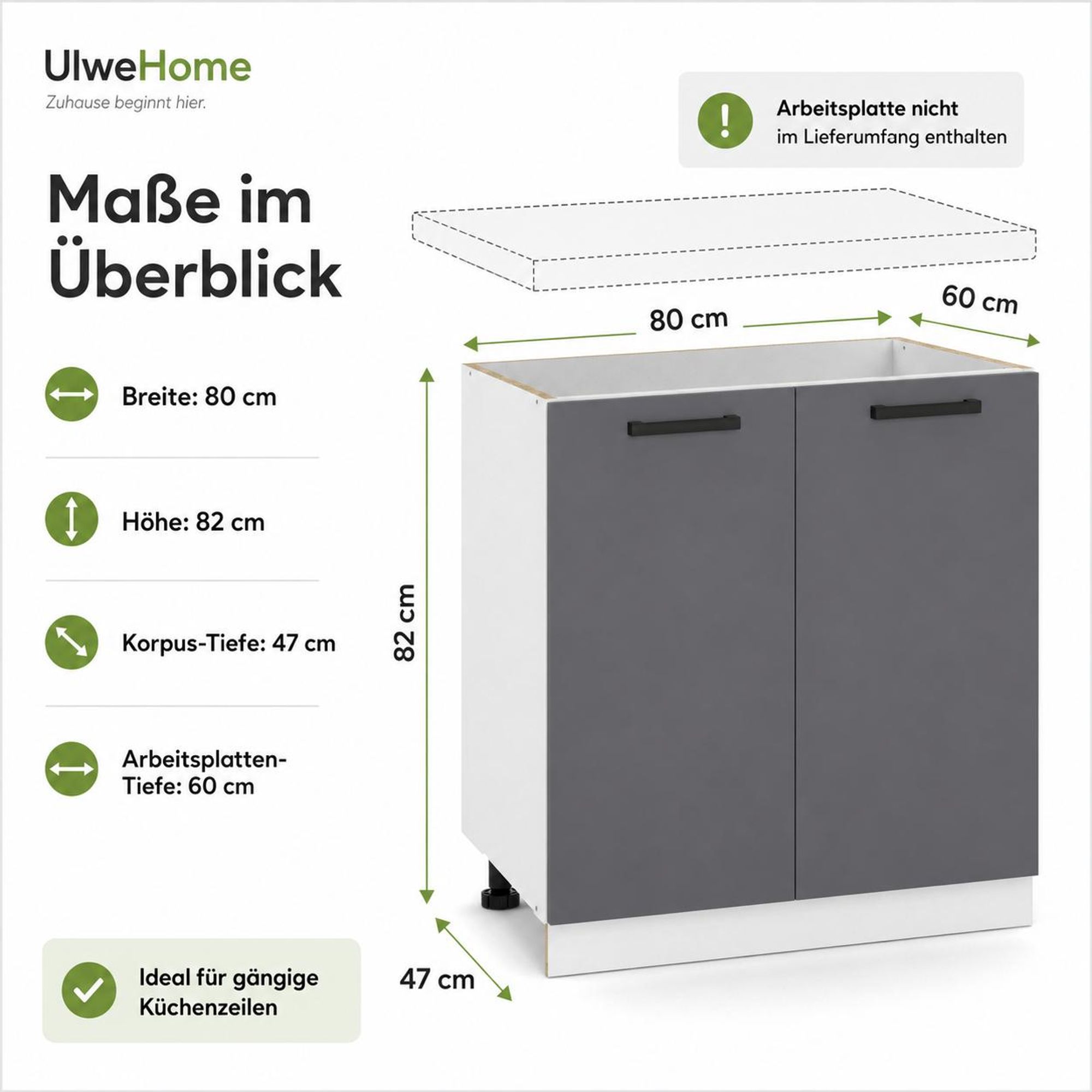 Küchenunterschrank 80 cm Anthrazit: Maße 82 cm Höhe, 47 cm Tiefe für 60 cm Arbeitsplatte.