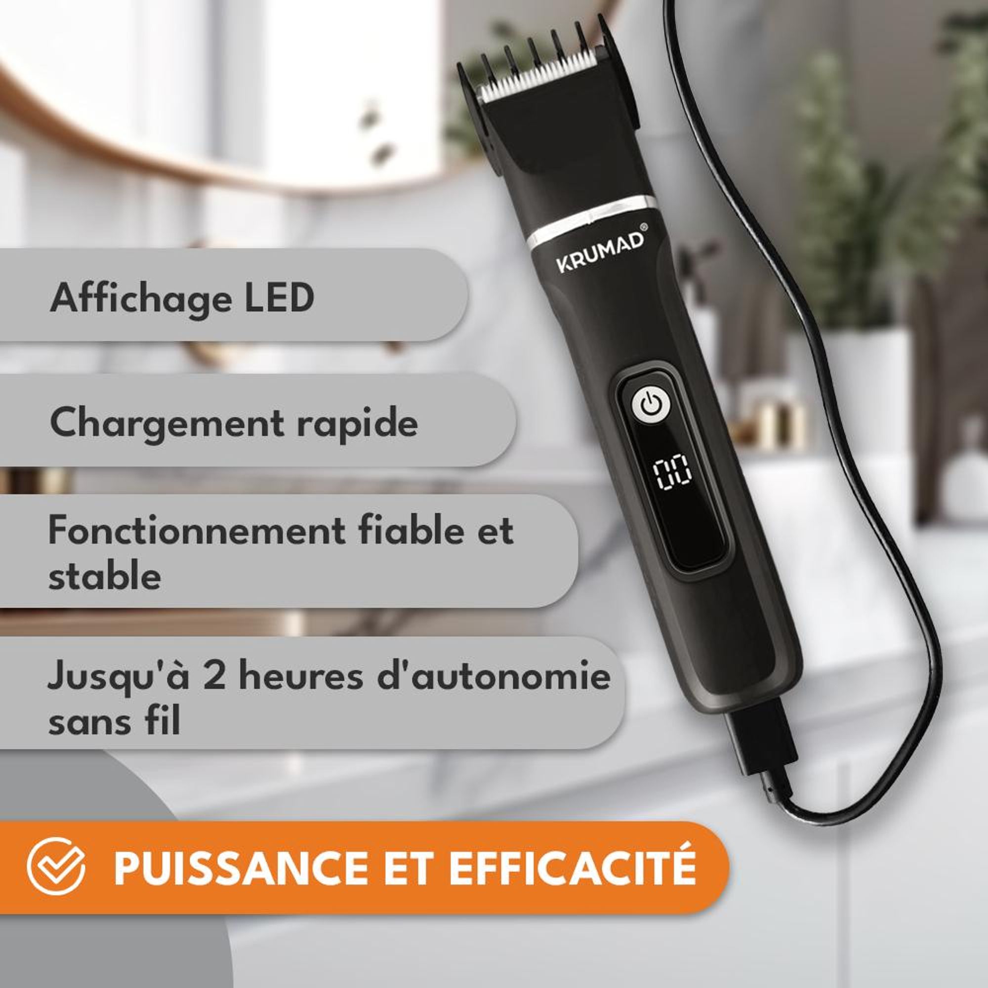 KRUMAD Tondeuse à cheveux 6-en-1 IPX7 - Tondeuse à barbe pour hommes, rasoir électrique & tondeuse à poils de nez avec écran LED - 120 min d'autonomie & 4 embouts