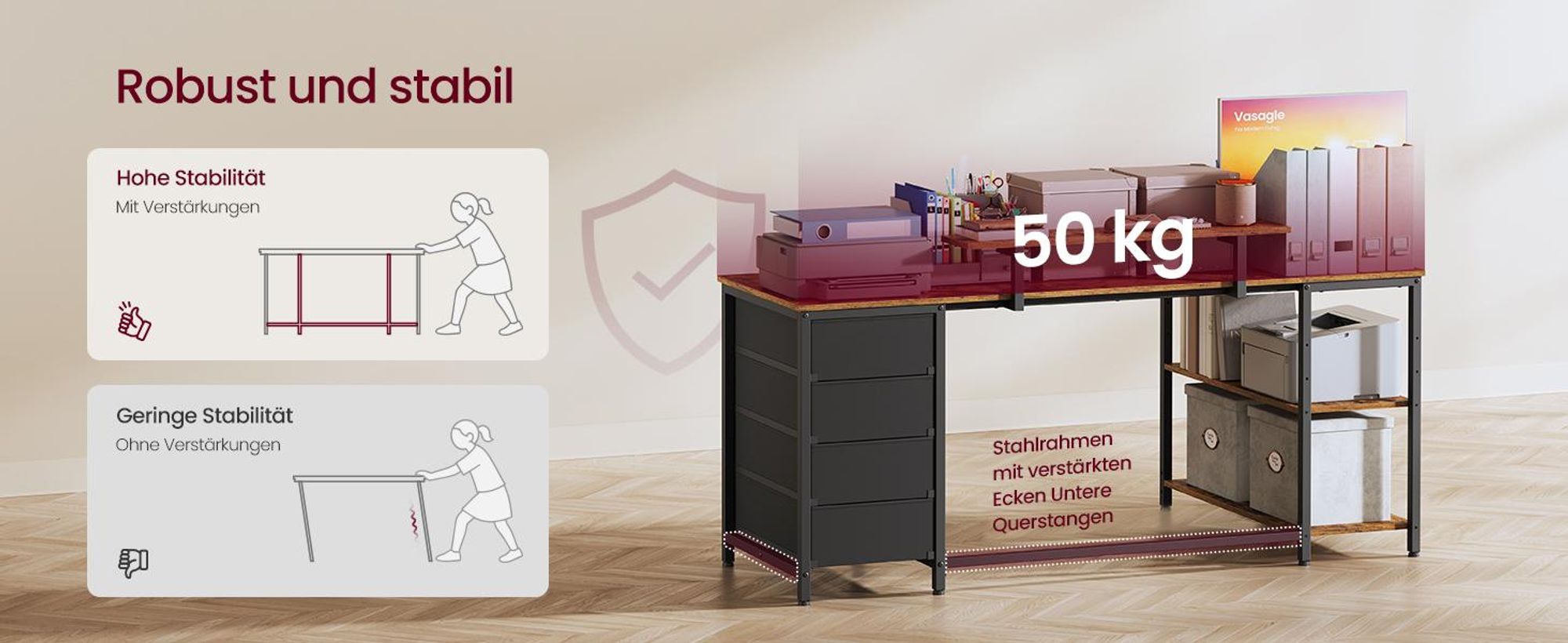 VASAGLE L-förmiger Eckschreibtisch mit USB-Anschlüssen, Computertisch, 2 Ablagen, 4 Schubladen, 160 x 80 cm, braun