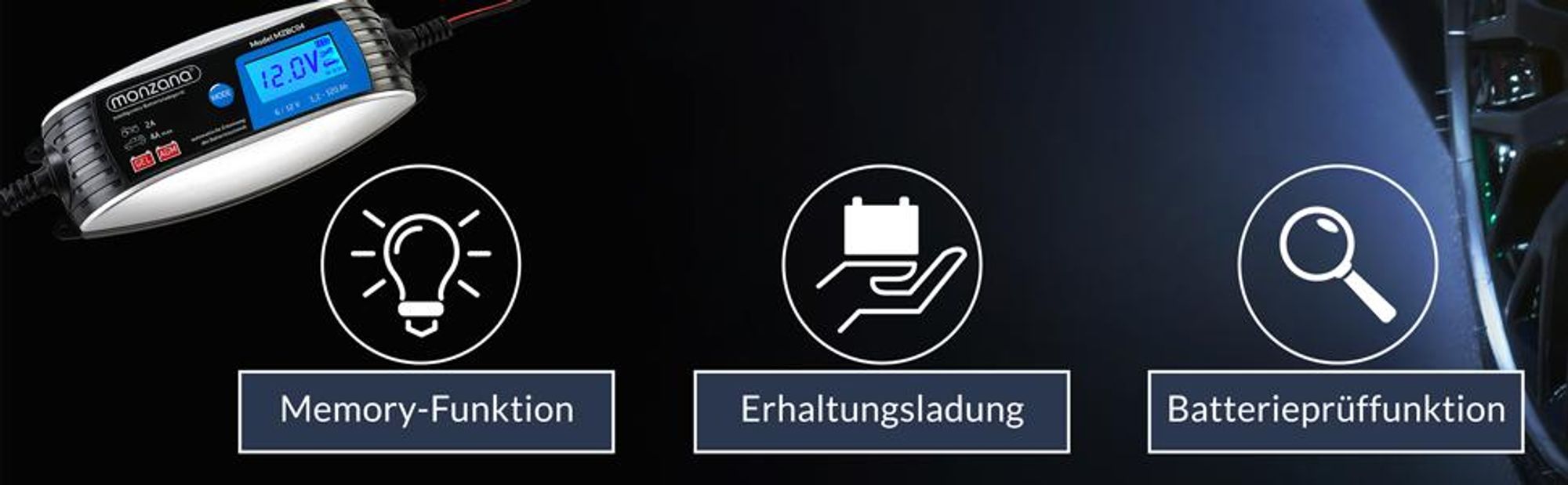 MONZANA® KFZ Batterieladegerät vollautomatisch 6V 12V LCD-Bildschirm Temperaturkompensation Erhaltungsladung intelligentes Ladegerät für Auto Motorrad
