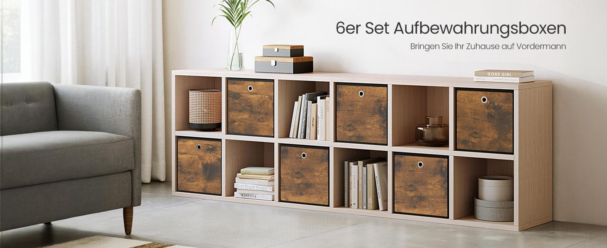 Aufbewahrungsbox, 6er Set, Ordnungsboxen, Vliesstoff, 30 x 30 x 30 cm, für Würfelregal, Organizer für Kleidung, vintagebraun-schwarz
