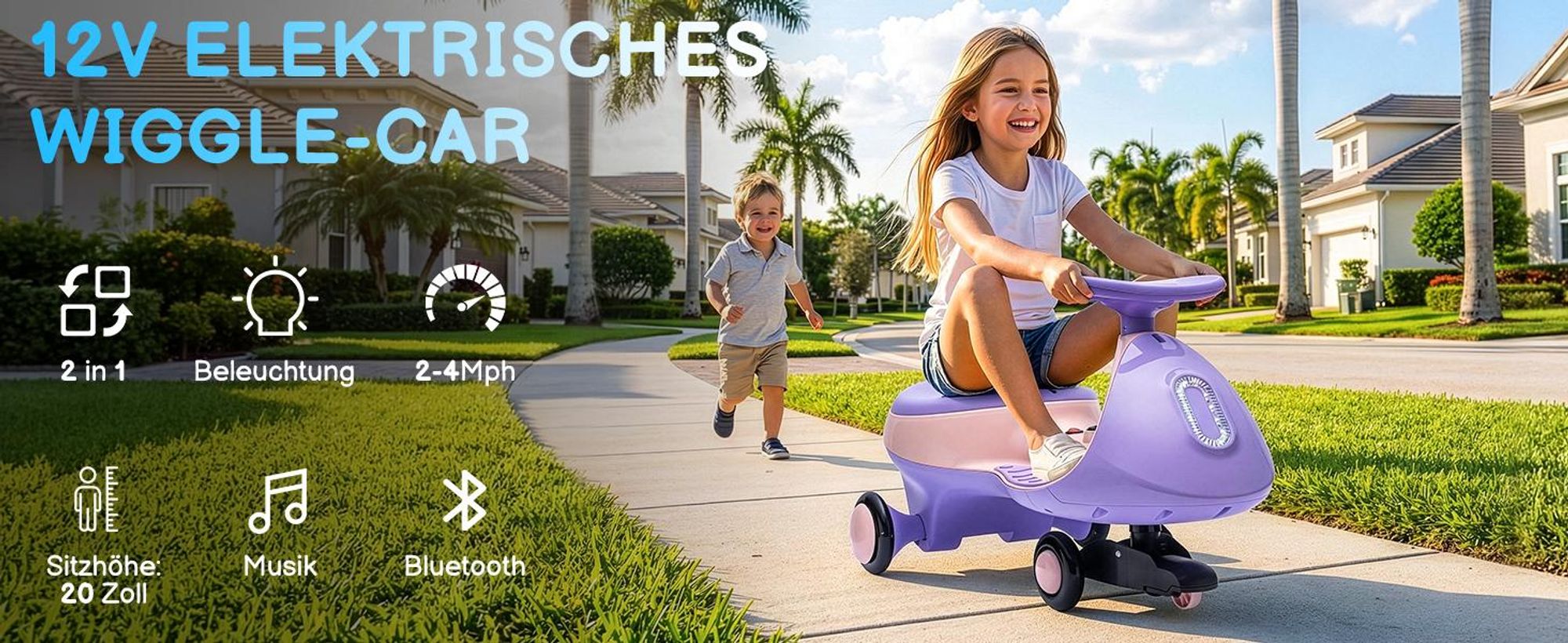 Kinder-Elektroauto 12V, Elektrisches Rutschauto mit Pedal, 2 Geschwindigkeiten und Kippschutz, Bluetooth, für Kinder ab 3 Jahren, Lila & Rosa