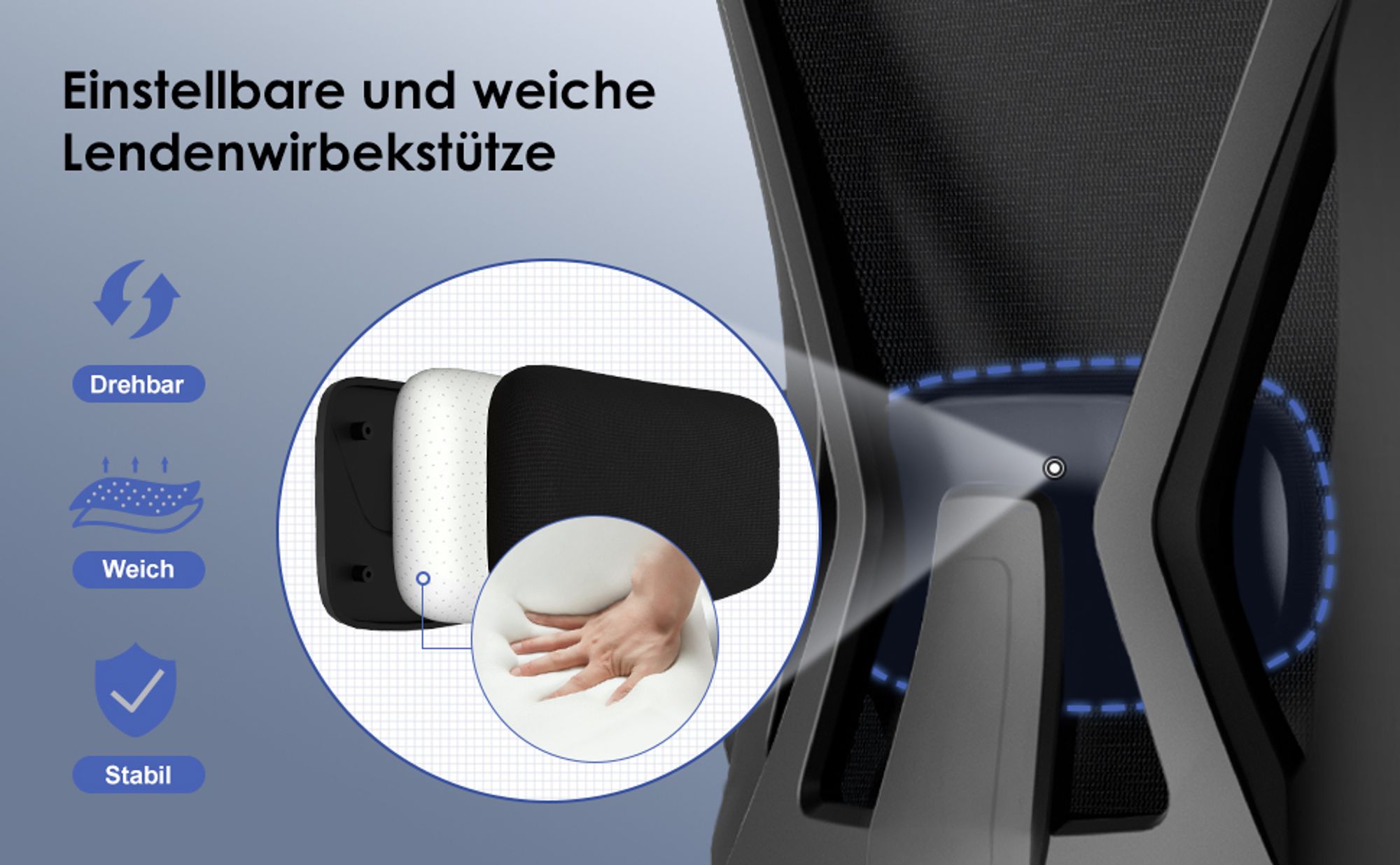 Marodic Bürostuhl Ergonomisch Schreibtischstuhl mit Verstellbarer Kopfstütze, Armlehnen, Lendenwirbelstütze Drehstuhl Chefsessel bis zu 150 kg Schwarz