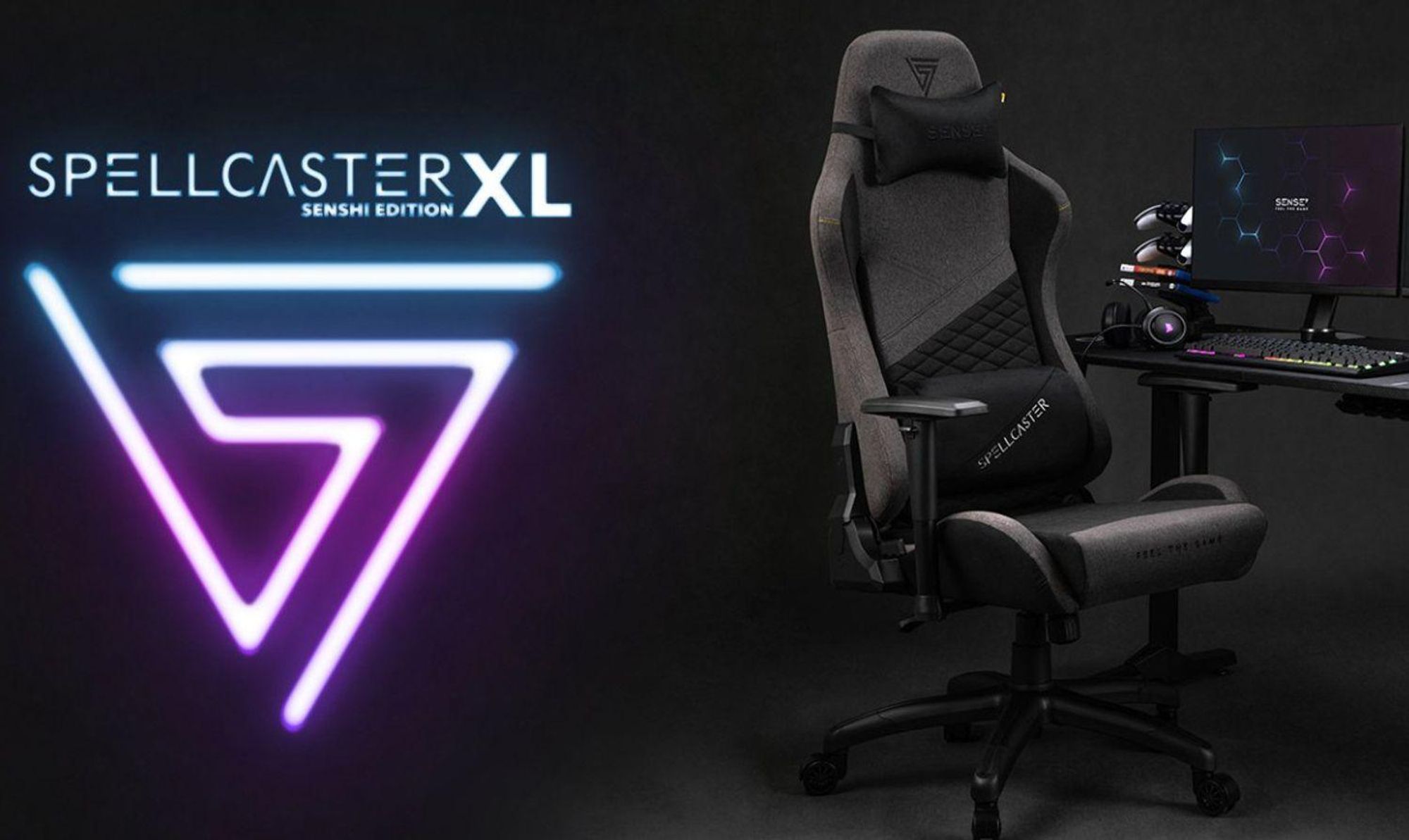 SENSE7 Spellcaster SENSHI Krzesło gamingowe z tapicerką materiałową, czarne – ergonomiczne krzesło biurowe, krzesło do biurka, krzesło dla graczy, nośność 150 kg, podłokietniki 2D, fotel kierowniczy